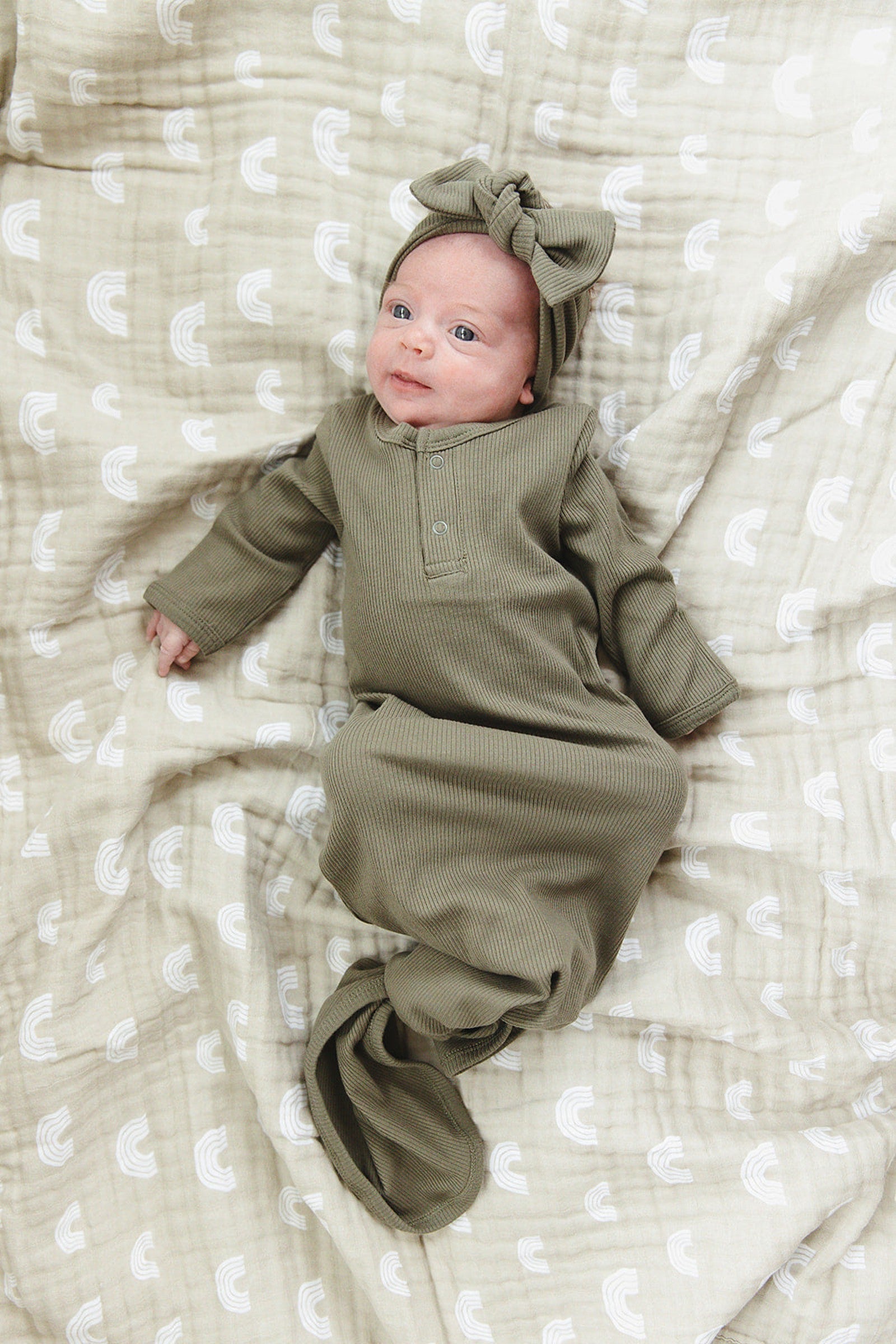 Winter Green Ribbed Knot Gown, Baby Essentials, Organic Cotton