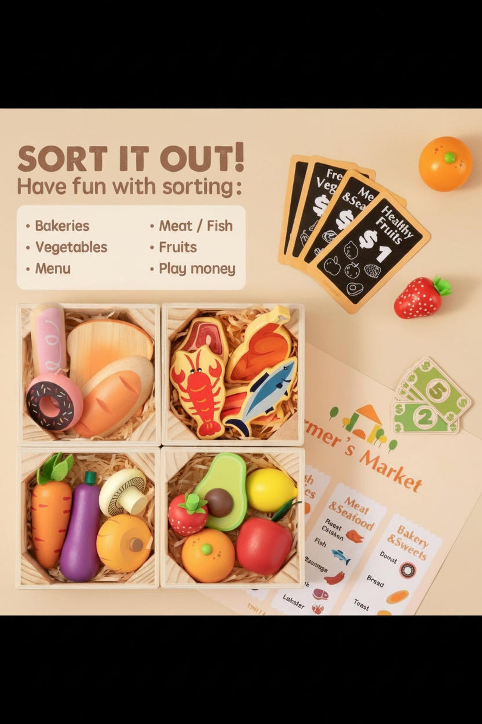 Wooden Play Kitchen Food Set with Shopping Accessories for Kids