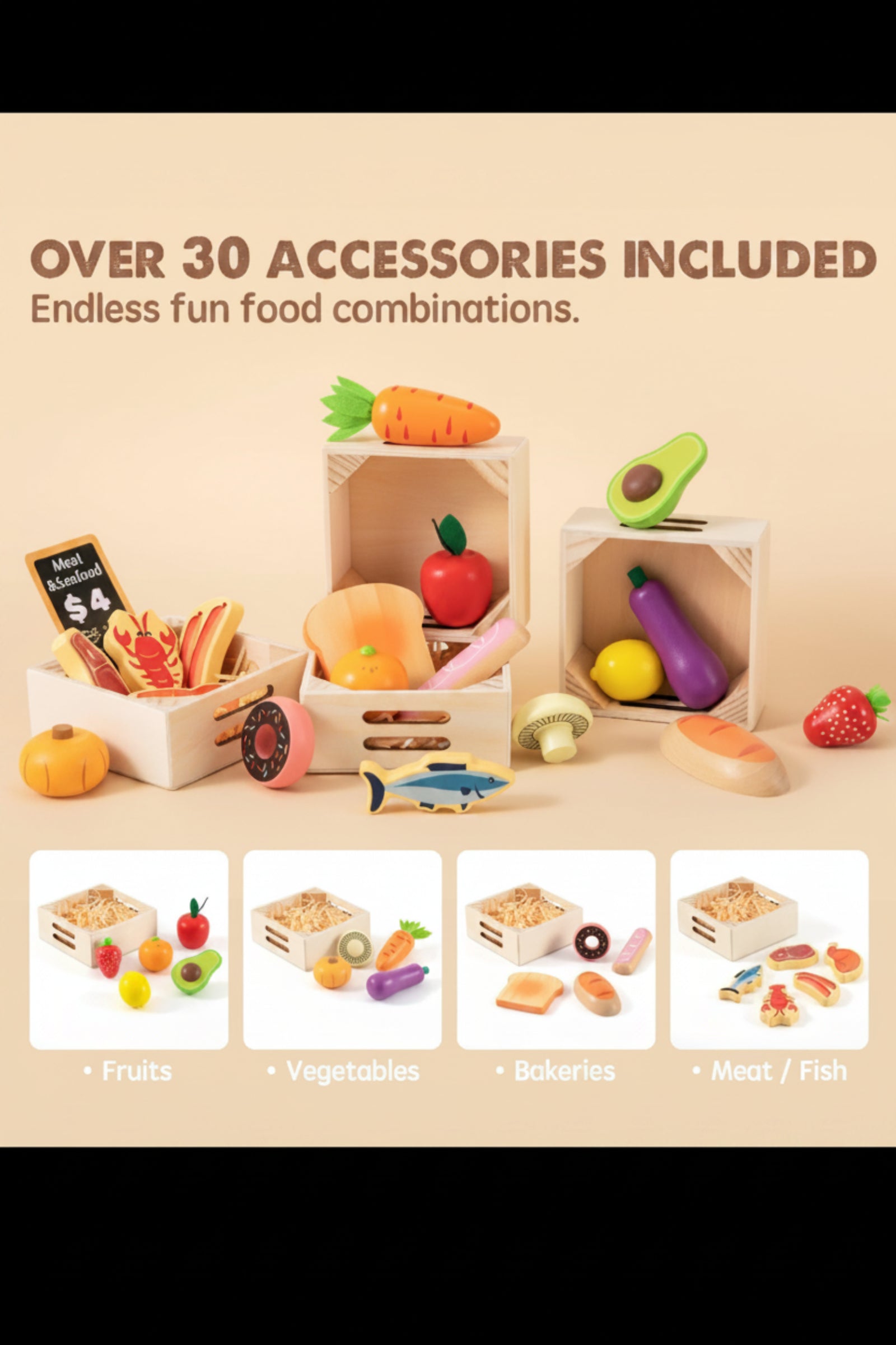 Wooden Play Kitchen Food Set with Shopping Accessories for Kids