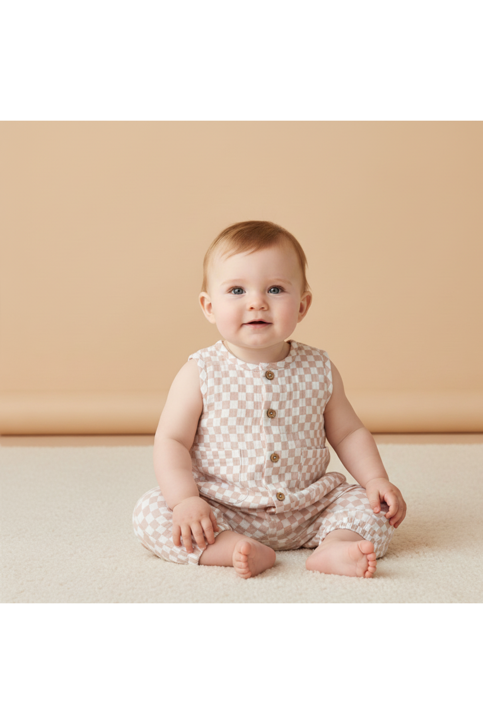Organic Buttoned Jumpsuit - Brick Checks