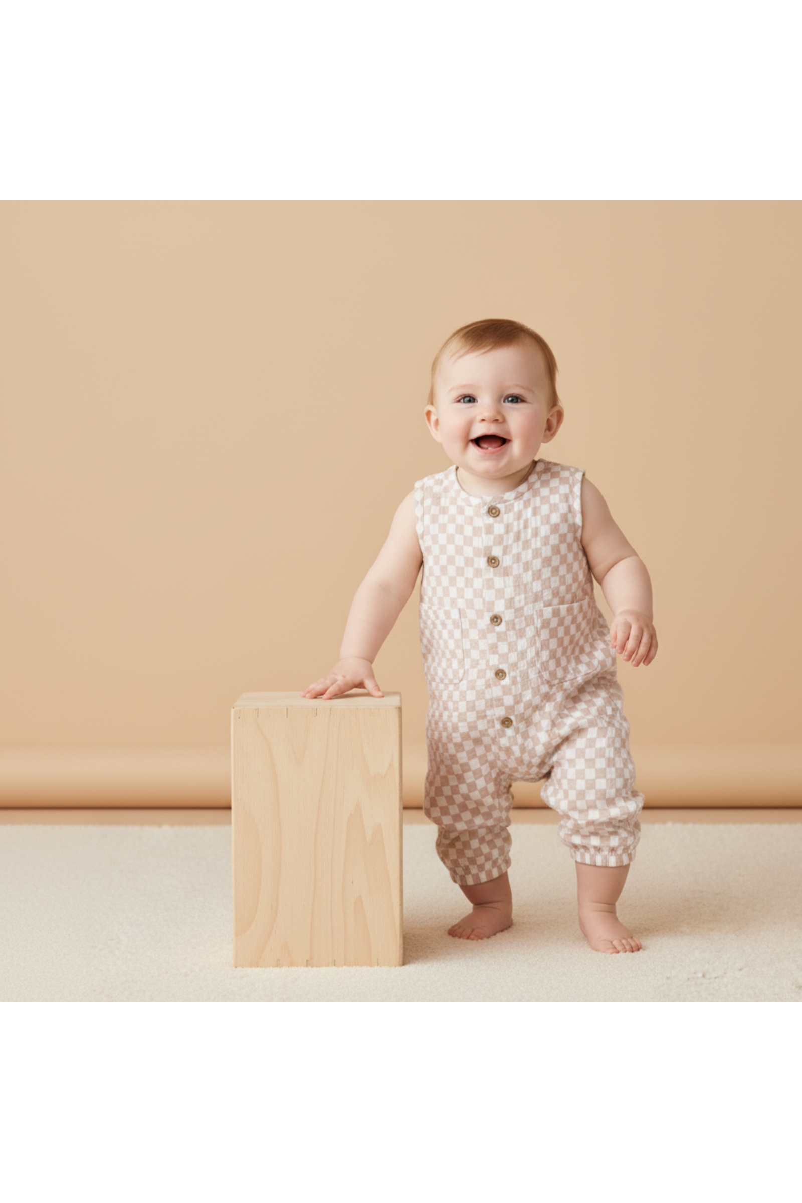 Organic Buttoned Jumpsuit - Brick Checks