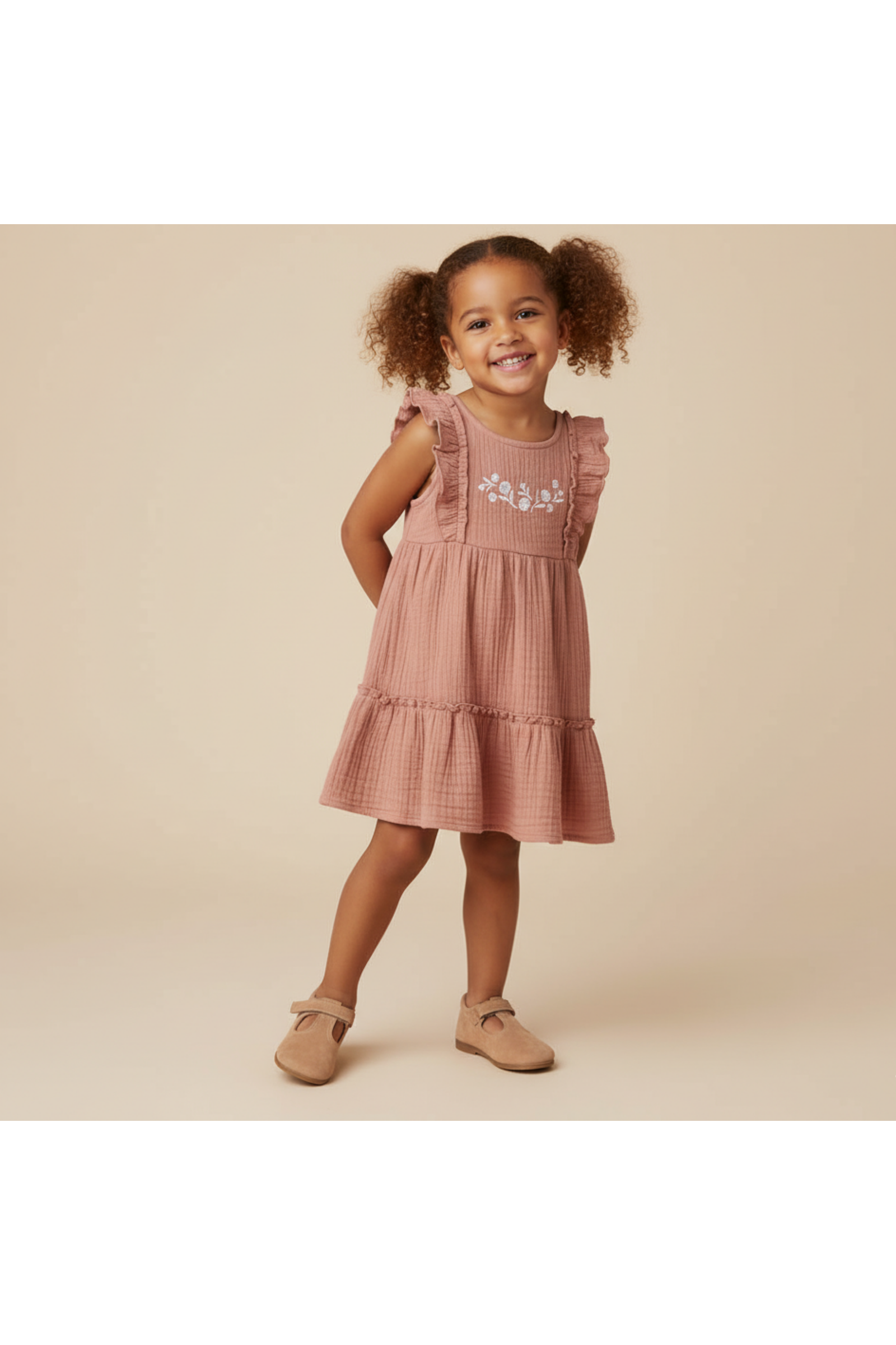 Organic Embroidered Tiered Dress - Clay