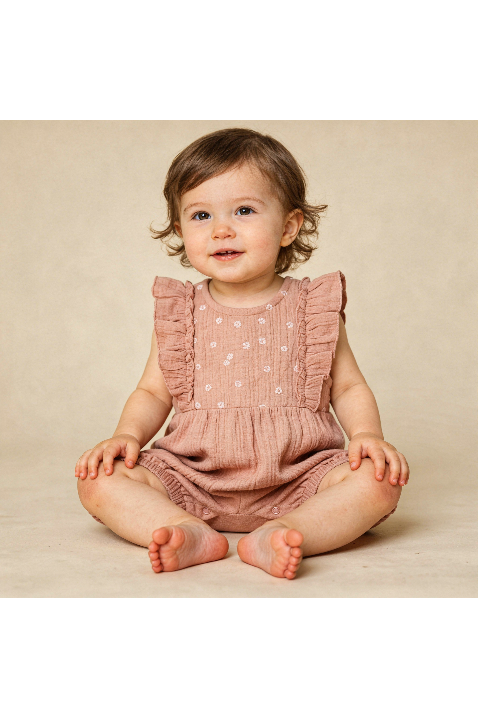Organic Embroidered Ruffle Romper - Clay