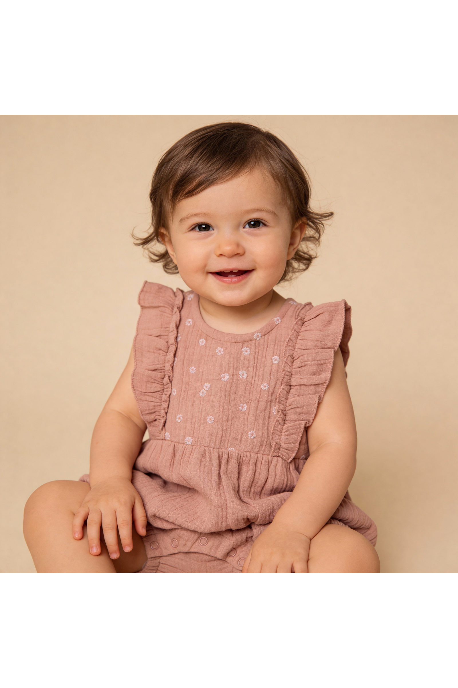 Organic Embroidered Ruffle Romper - Clay