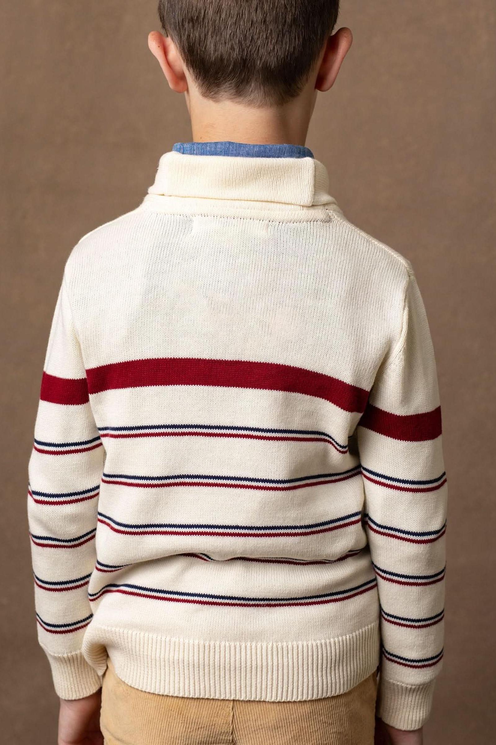 Organic Cotton Shawl Collar Sweater for Boys, Ivory Stripe, Sizes 2-16