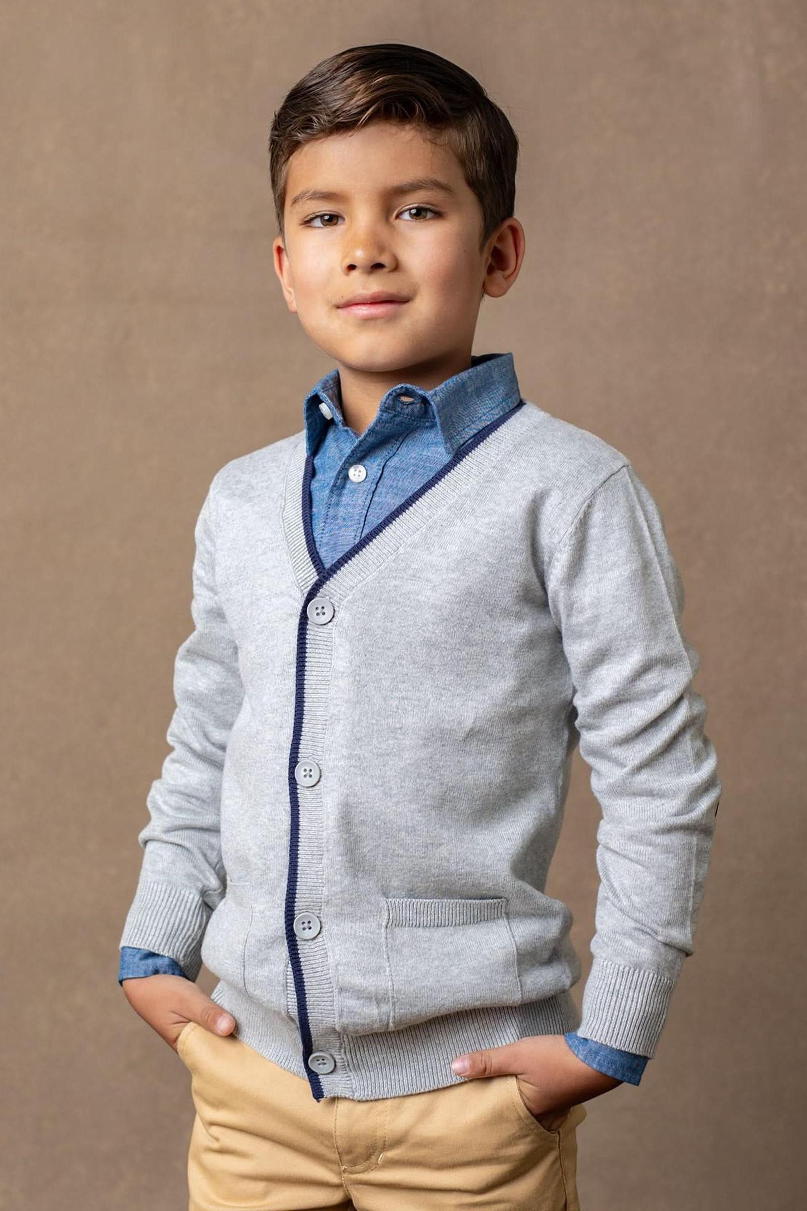 Organic Cotton Cardigan with Elbow Patches, Grey and Navy Tipped, Sizes 2-16