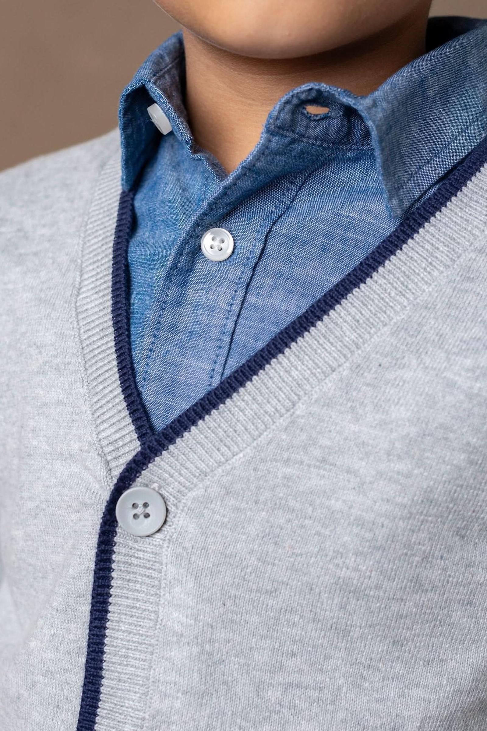 Organic Cotton Cardigan with Elbow Patches, Grey and Navy Tipped, Sizes 2-16