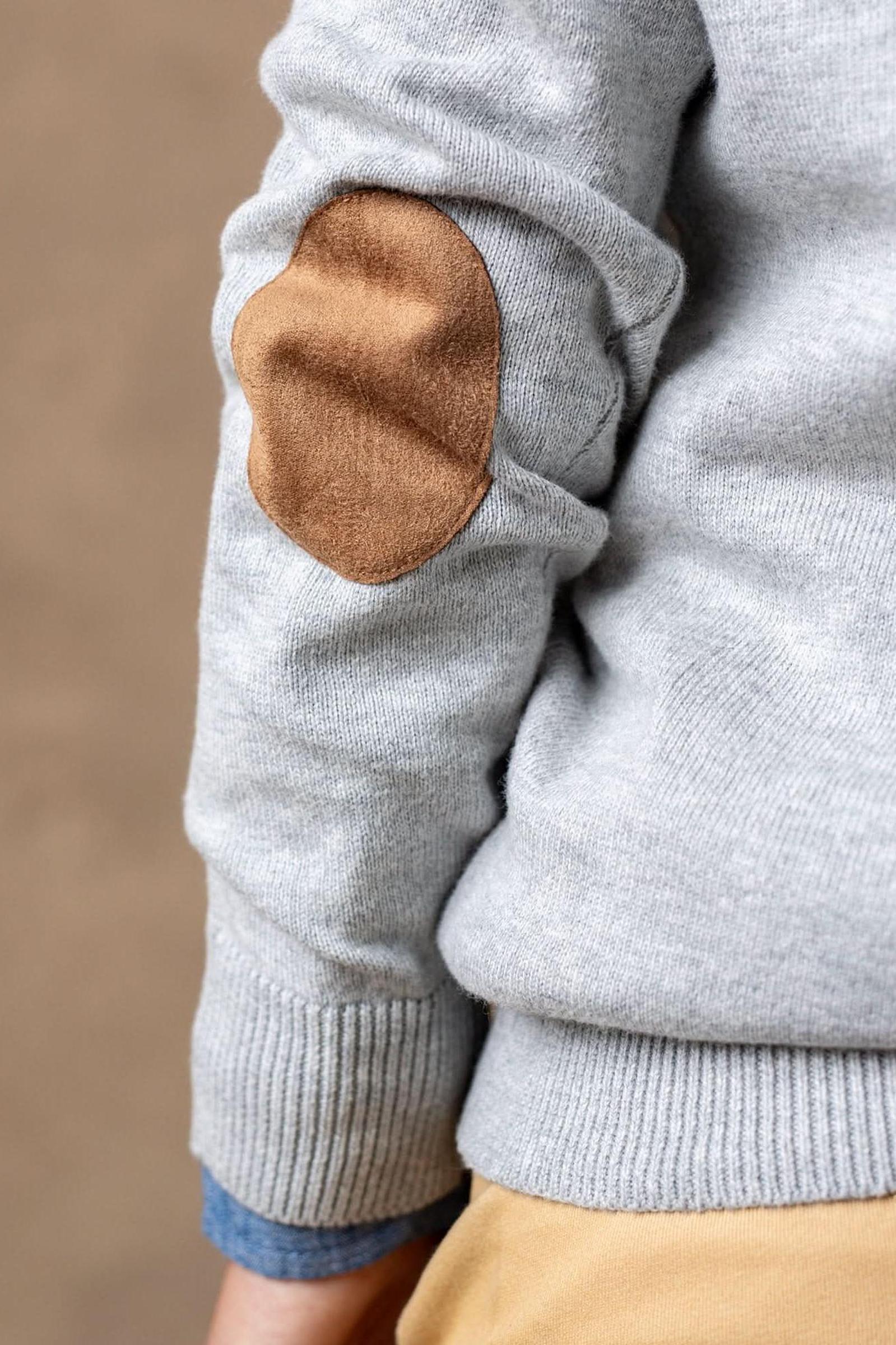 Organic Cotton Cardigan with Elbow Patches, Grey and Navy Tipped, Sizes 2-16