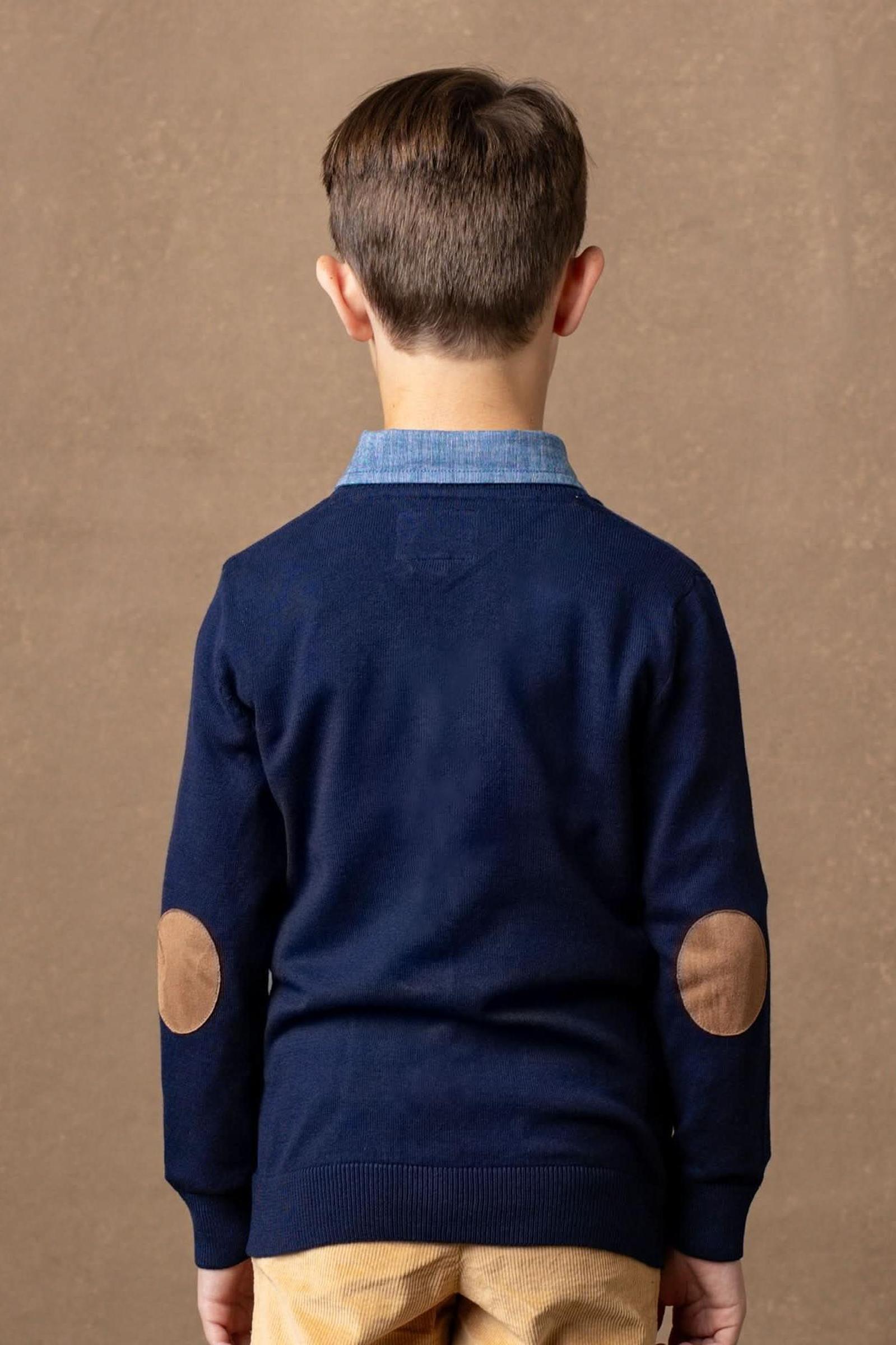 Tipped Organic Cotton Cardigan with Elbow Patches for Boys, Navy, Sizes 2T-14