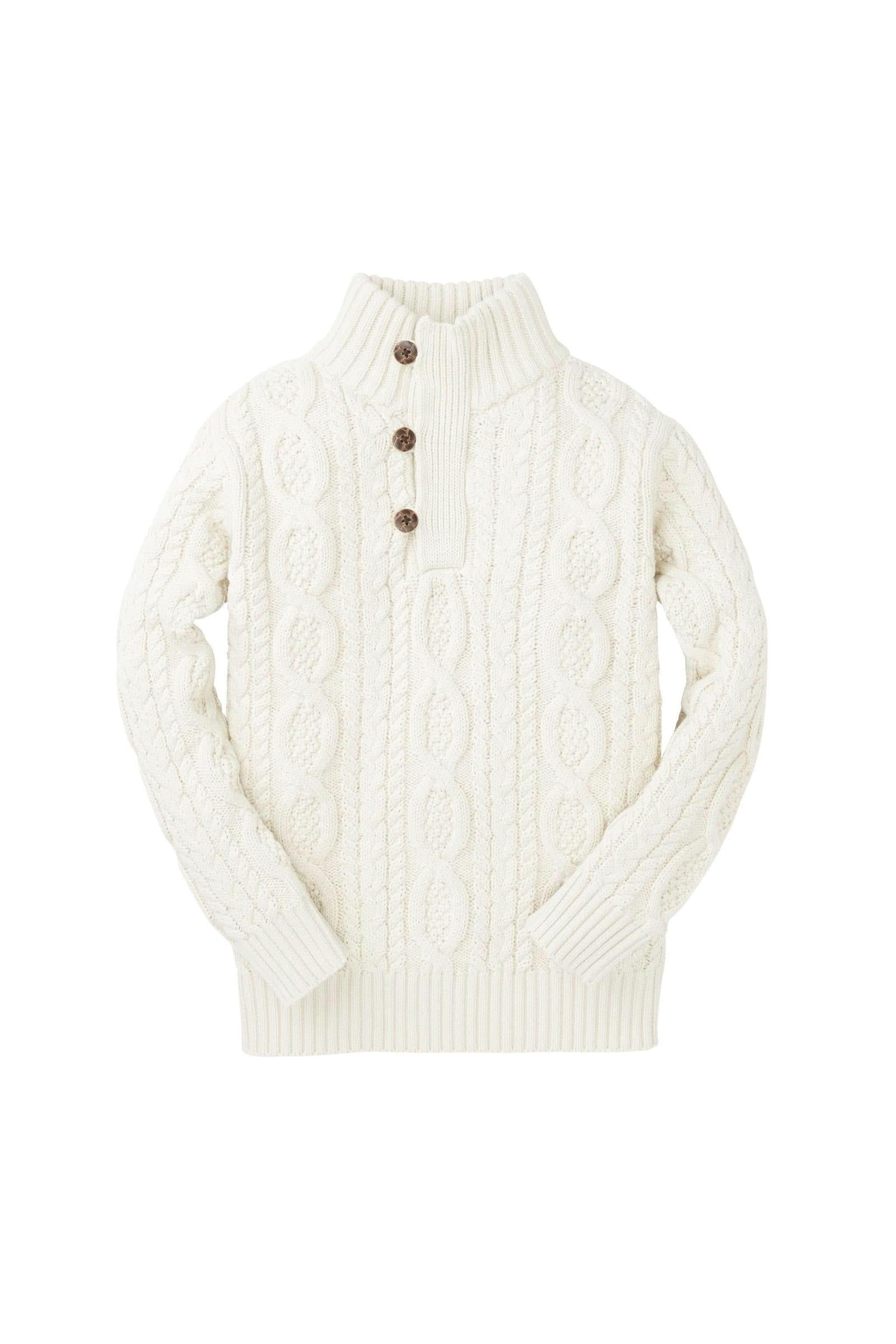 Organic Cotton Cable Knit Mock Neck Sweater with Buttons For Boys, White, Toddler & Kids