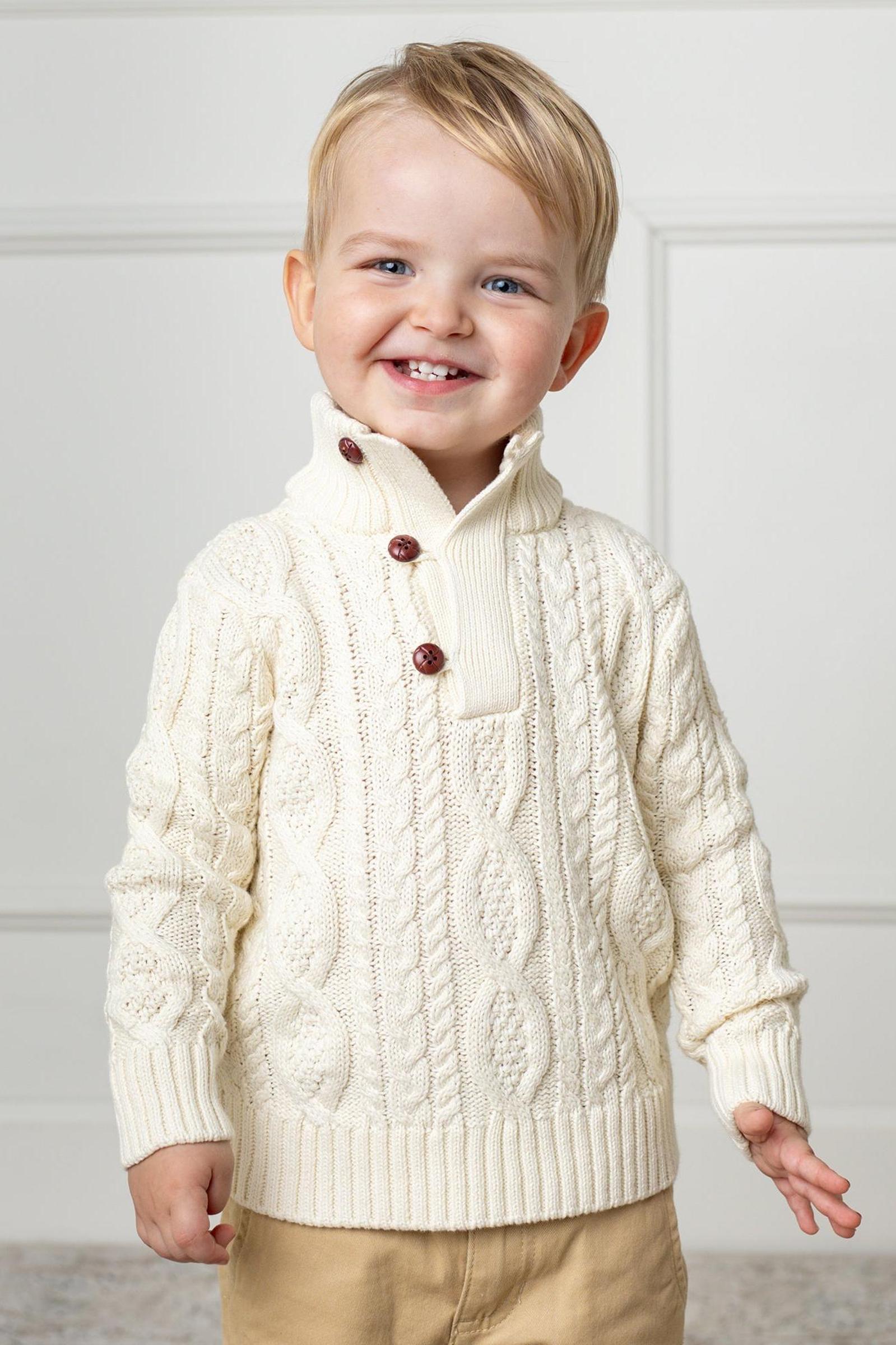 Organic Cotton Cable Knit Mock Neck Sweater with Buttons For Boys, White, Toddler & Kids