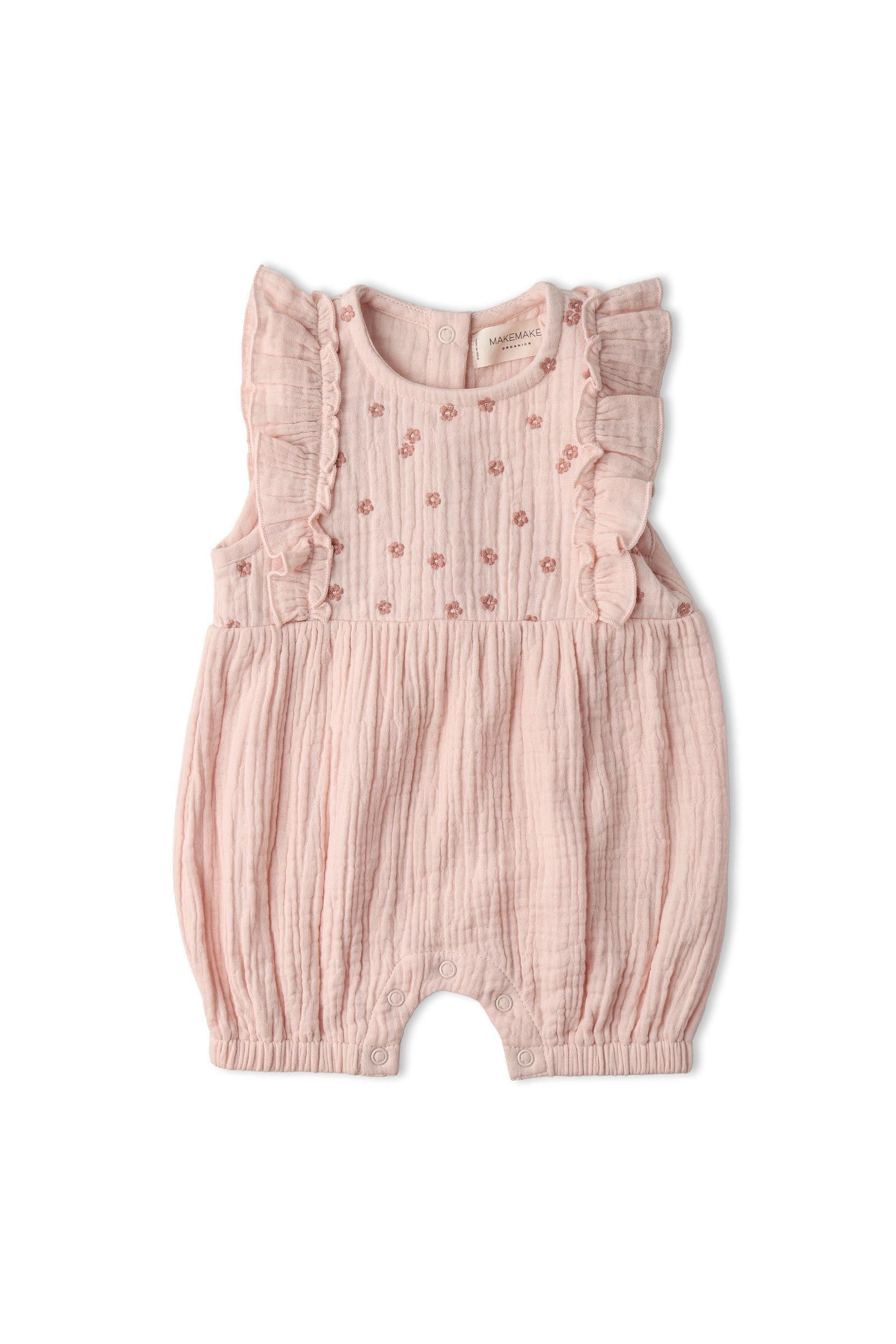 Organic Embroidered Ruffle Romper - Blush