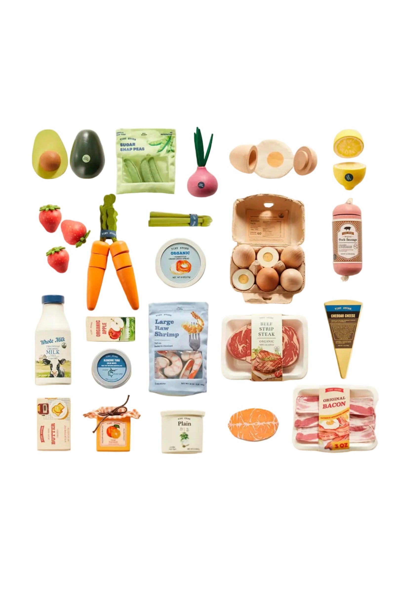 Organic Wooden Play Food Set Bundle | Meat, Dairy, Eggs, Fruits & Veggies