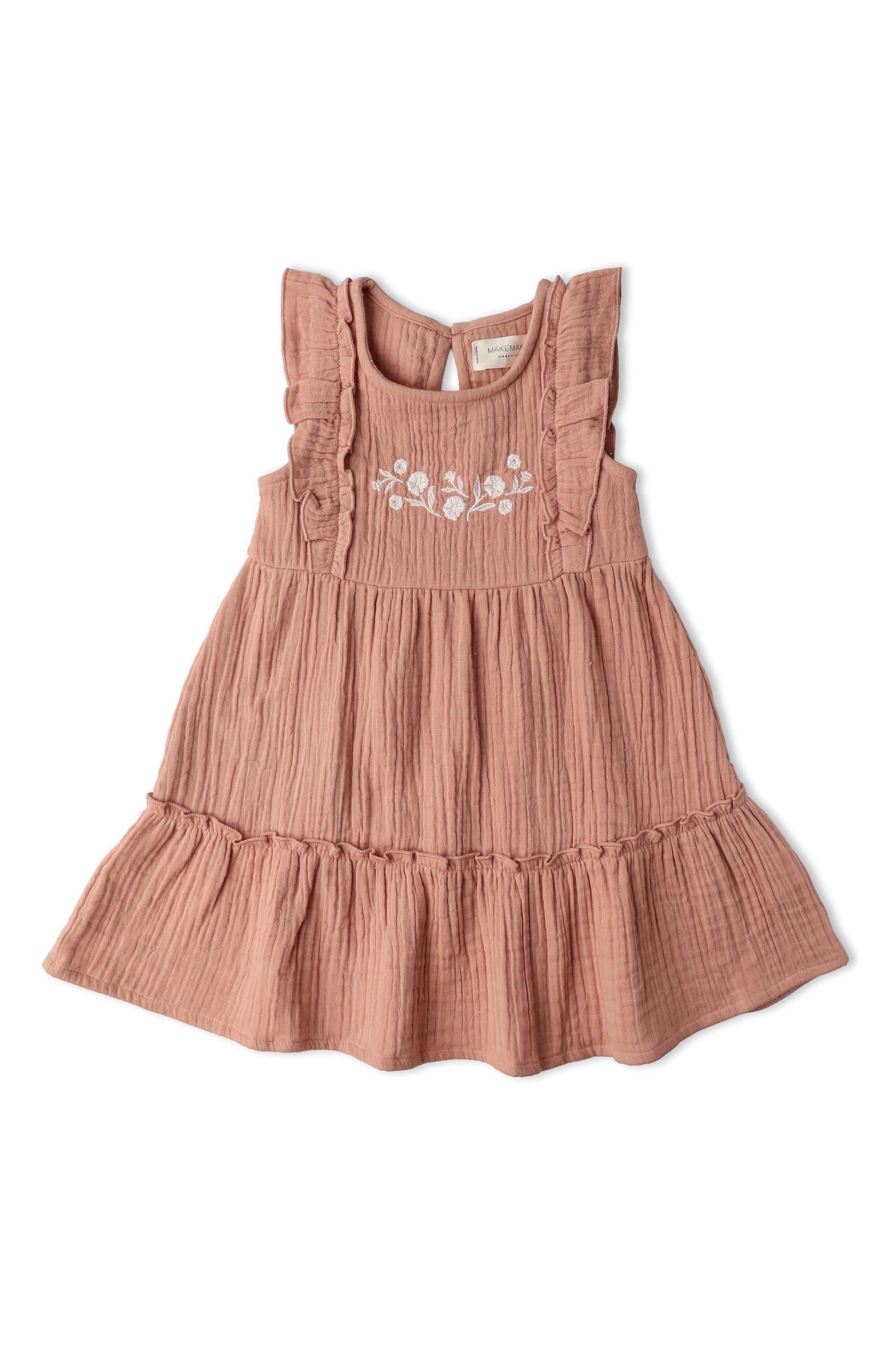 Organic Embroidered Tiered Dress - Clay