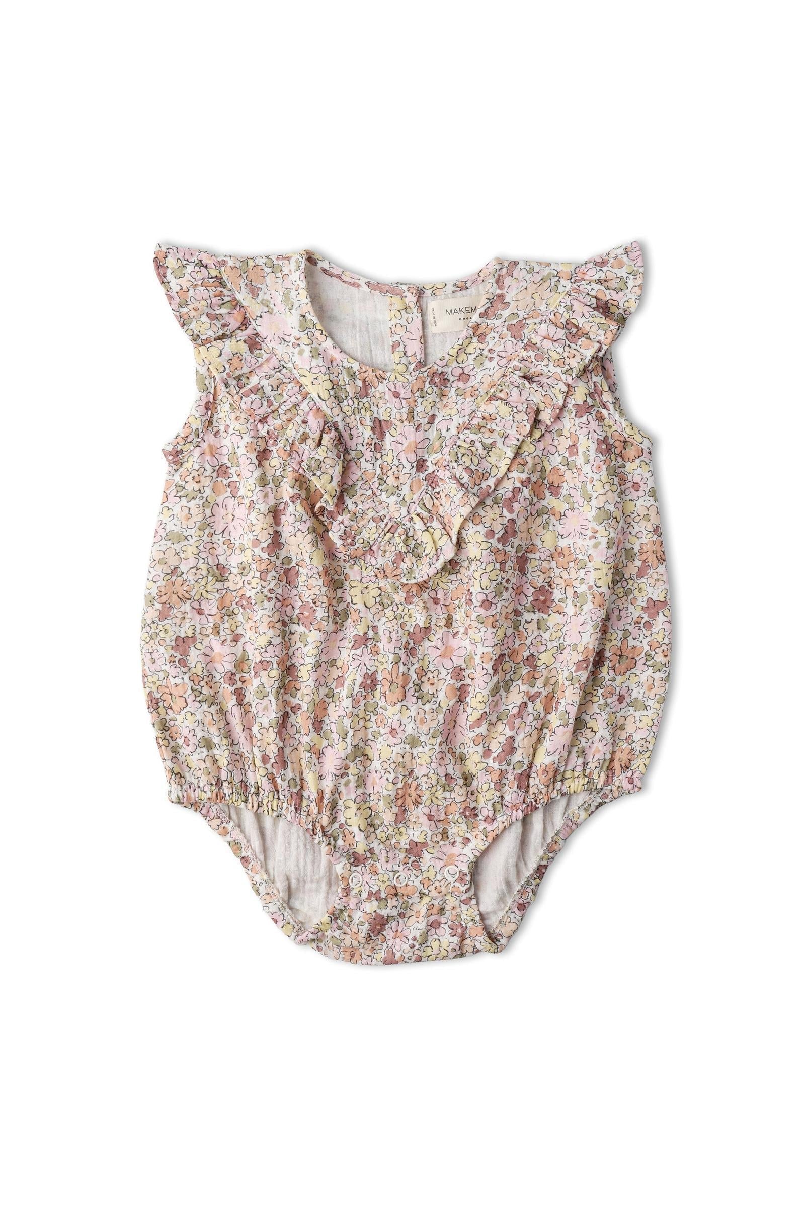 Organic Sleeveless Ruffle Bubble Romper - Pastel Bloom