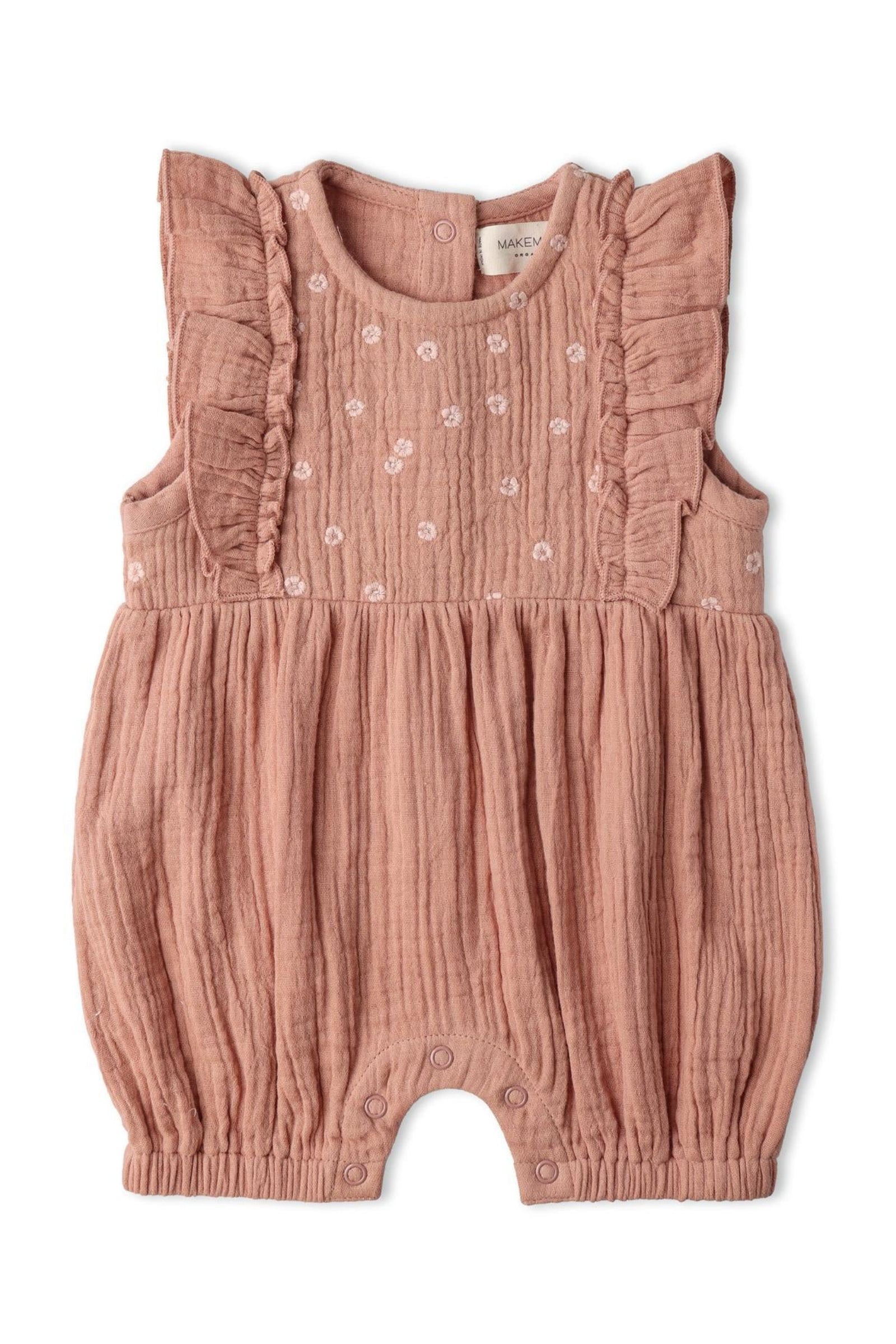 Organic Embroidered Ruffle Romper - Clay