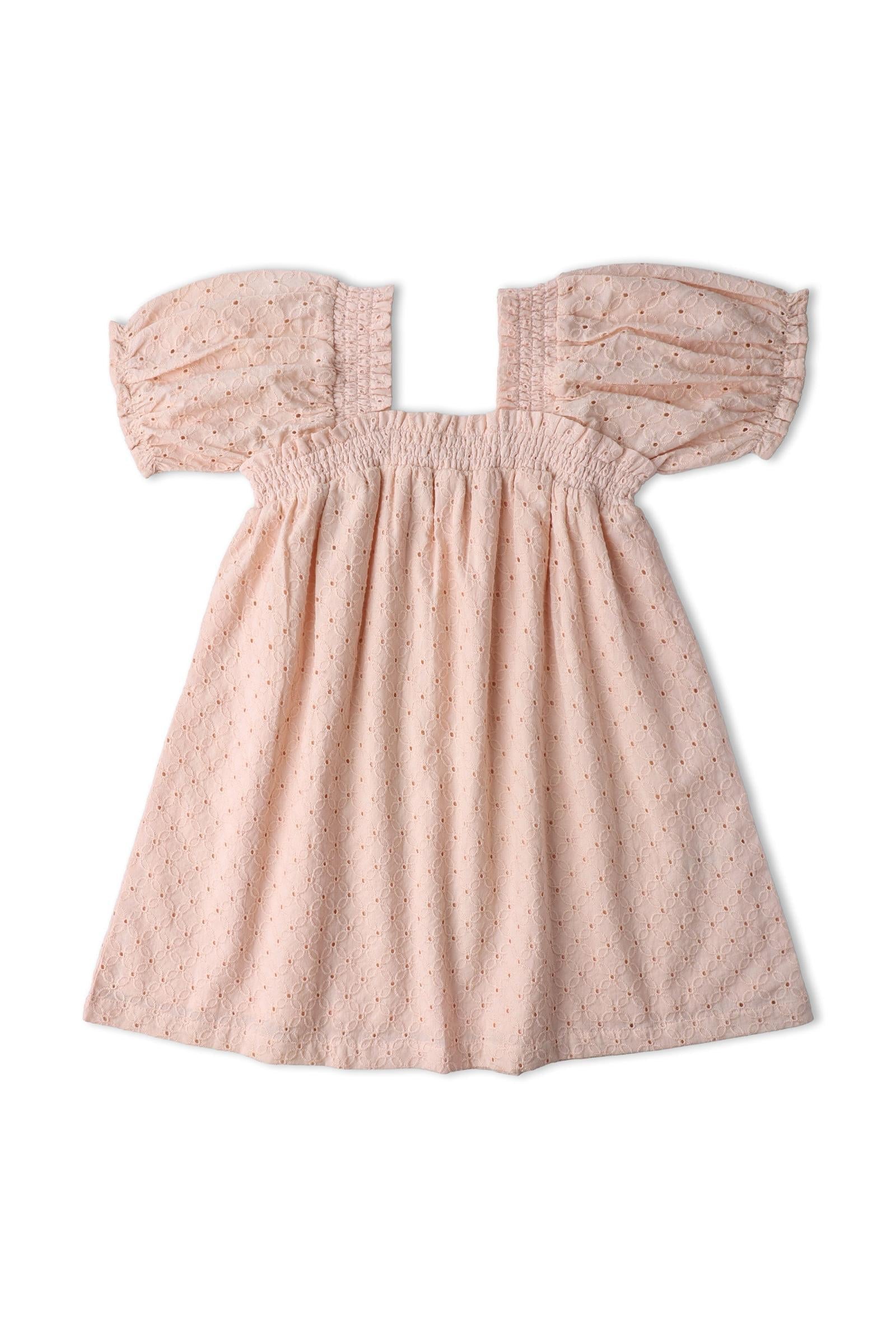 Organic Eyelet Bubble Sleeve Dress - Blush Eyelet