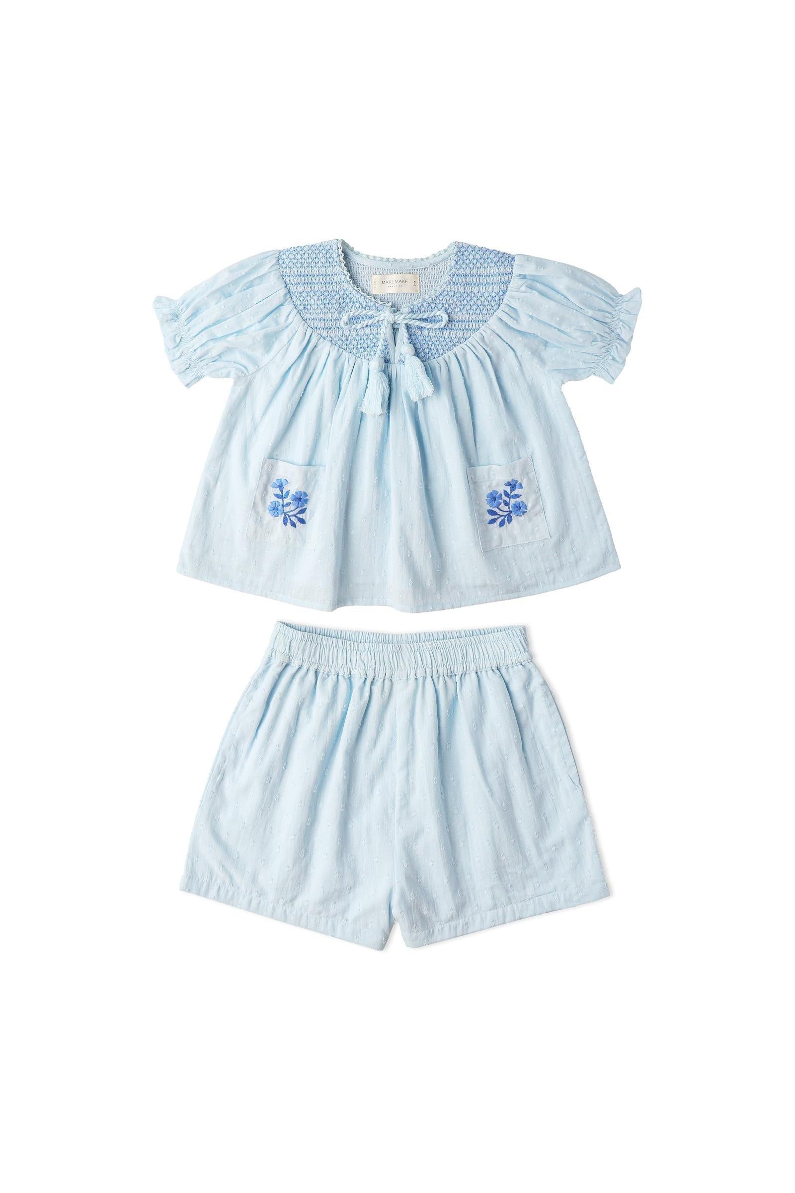 Organic Smocked Top & Shorts Set - Light Blue