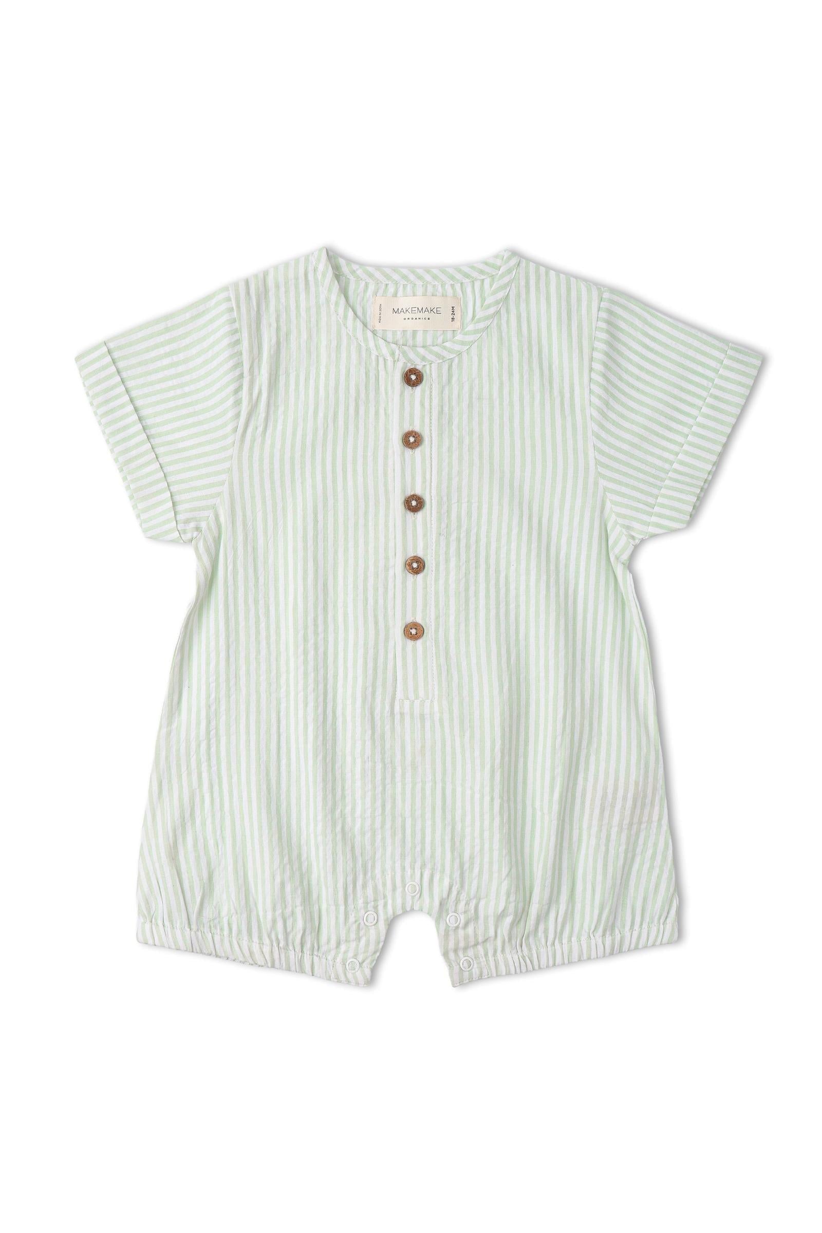 Organic Short Bubble Romper - Basil Stripes