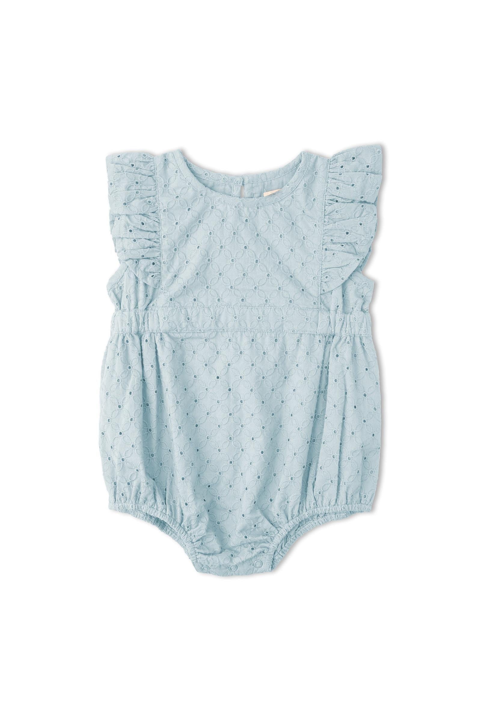 Organic Eyelet Flutter Romper - Light Blue Eyelet