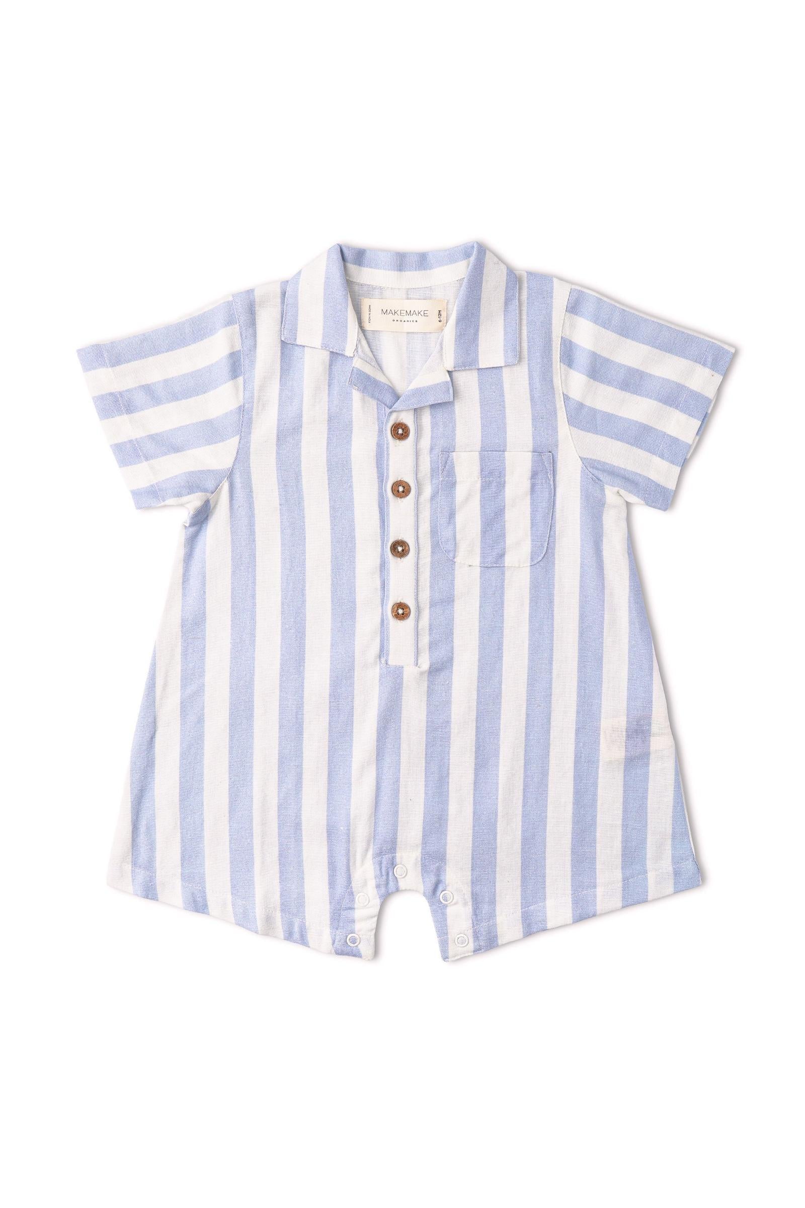 Organic Collared Romper - Blue Stripes