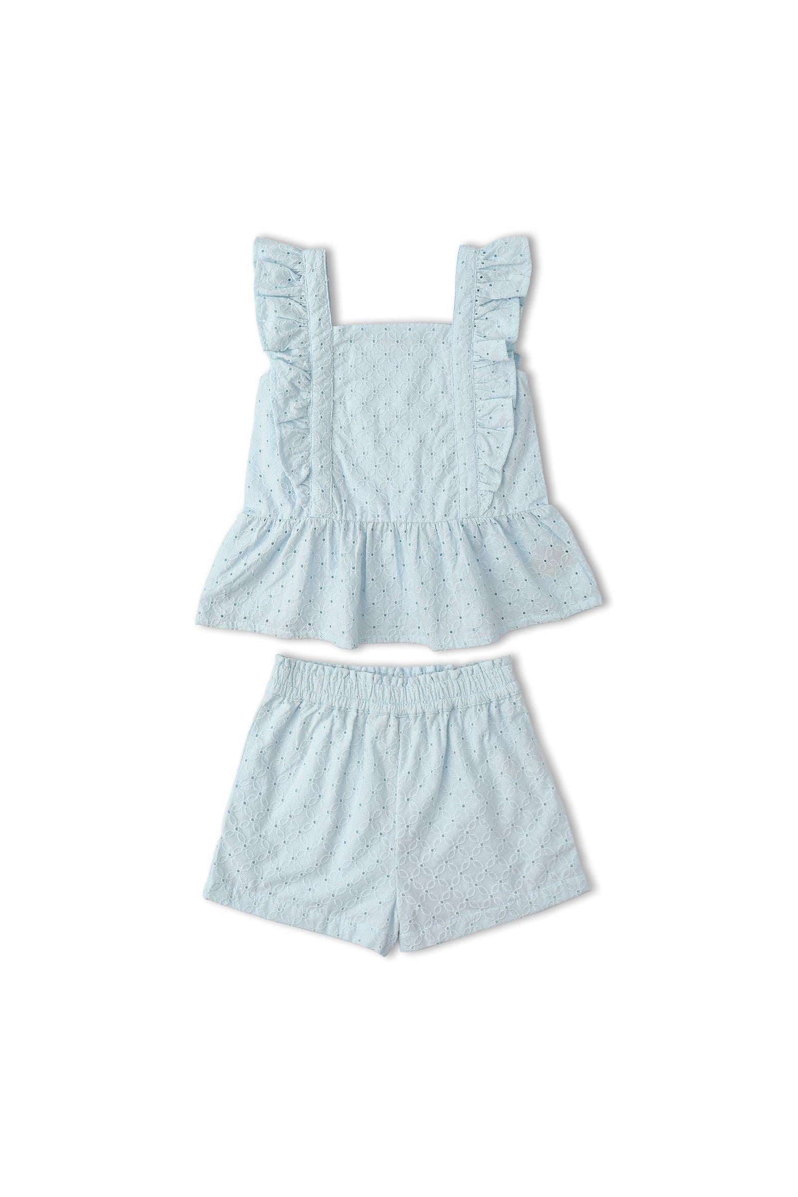 Organic Eyelet Flutter Top And Shorts Set - Light Blue Eyelet