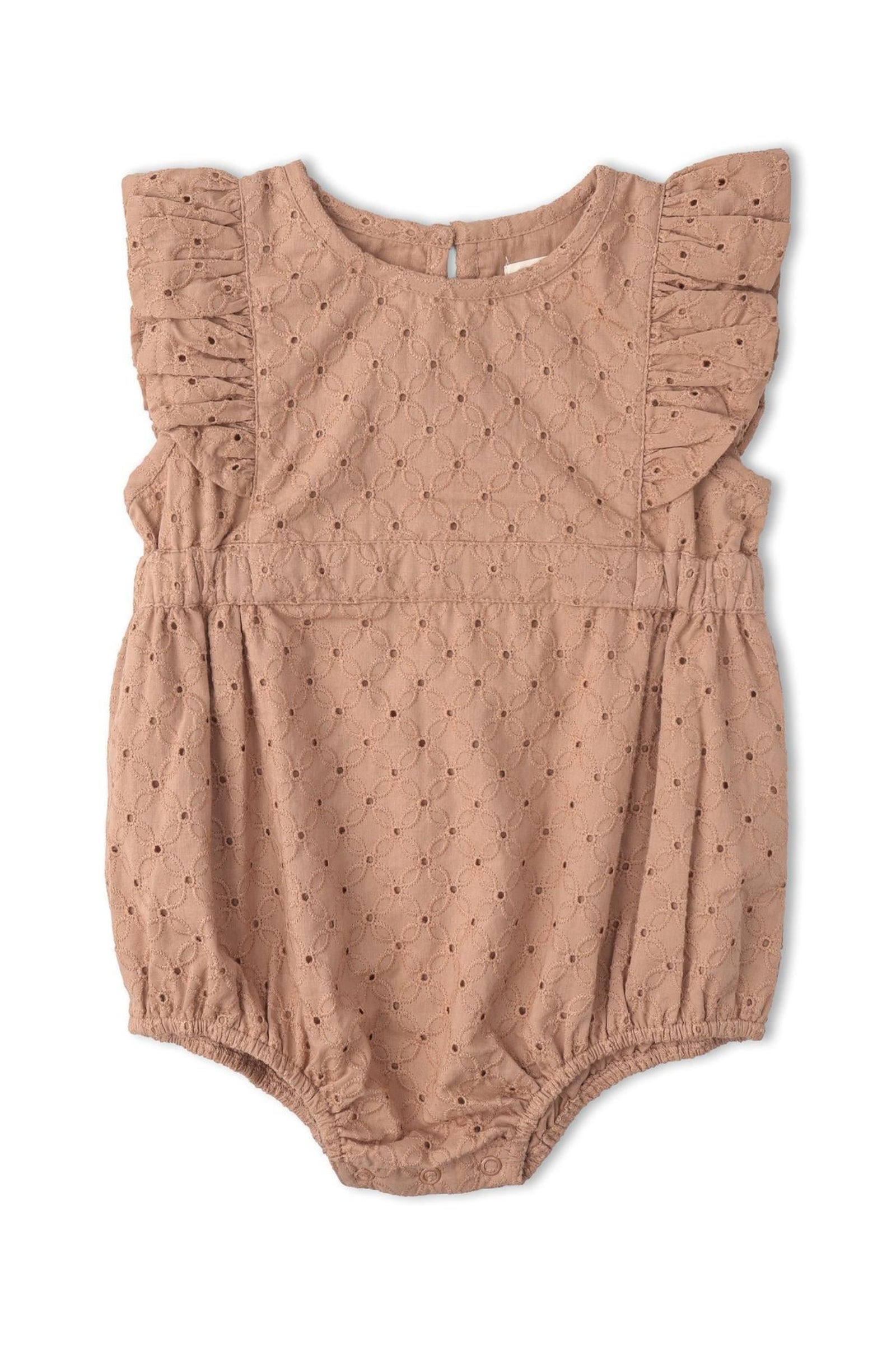 Organic Eyelet Flutter Romper - Clay Eyelet