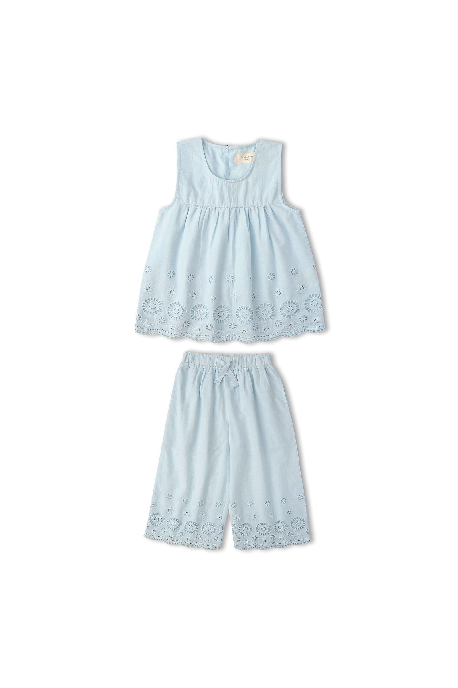 Organic Eyelet Top And Pant Set - Light Blue Eyelet