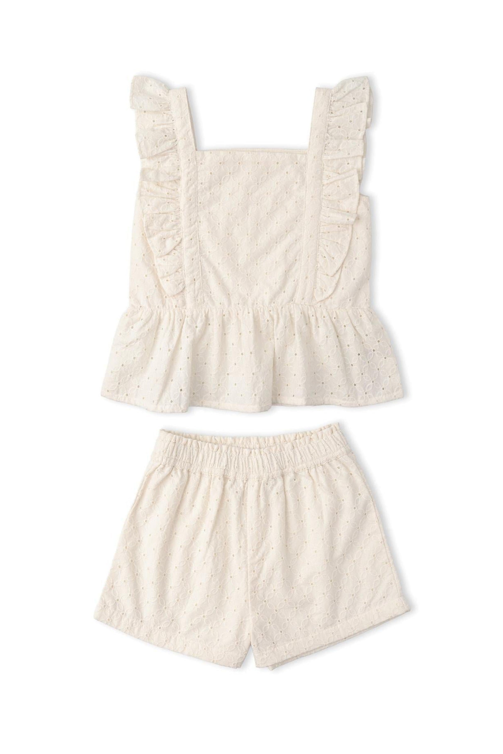 Organic Eyelet Flutter Top And Shorts Set - Ivory Eyelet
