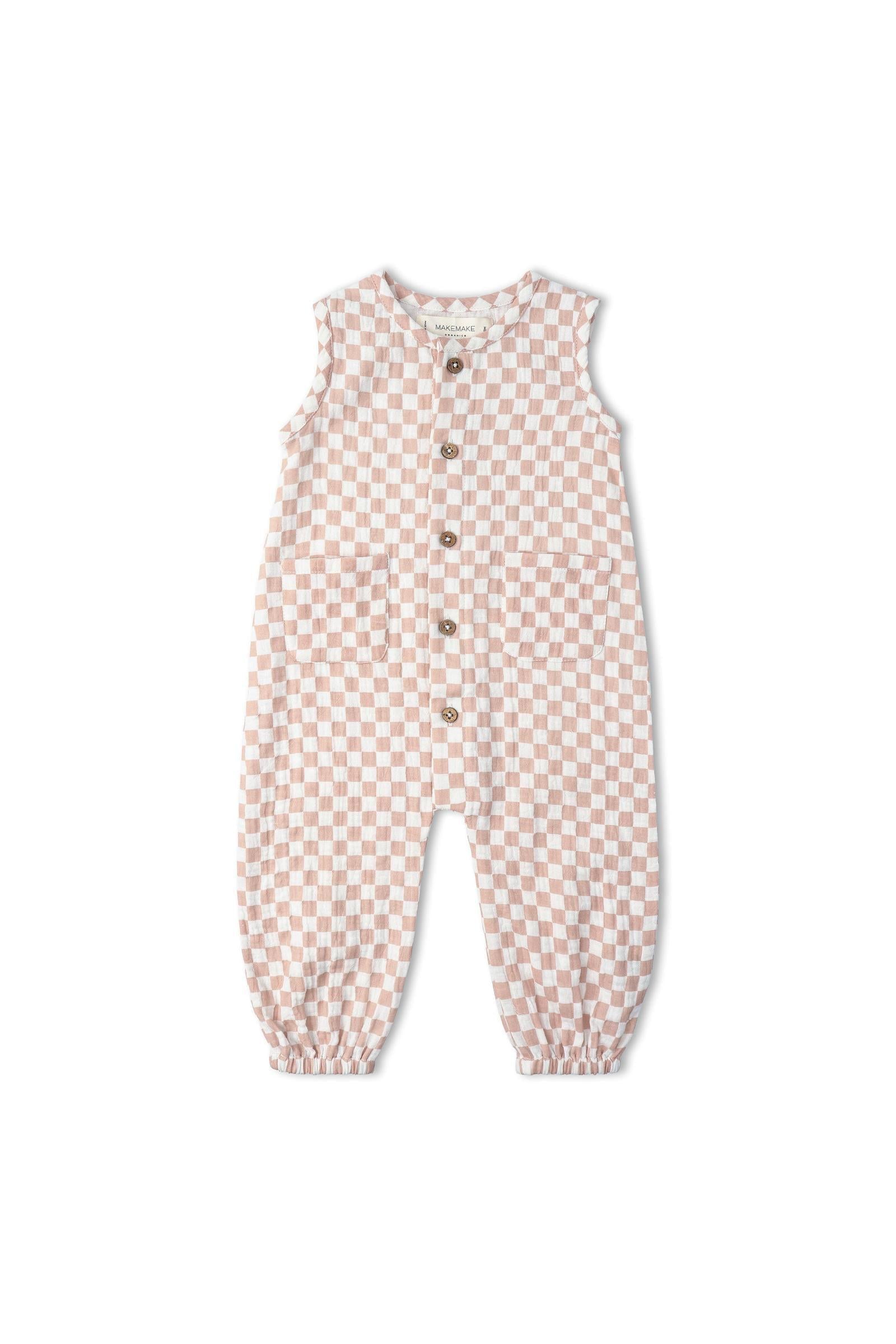 Organic Buttoned Jumpsuit - Brick Checks