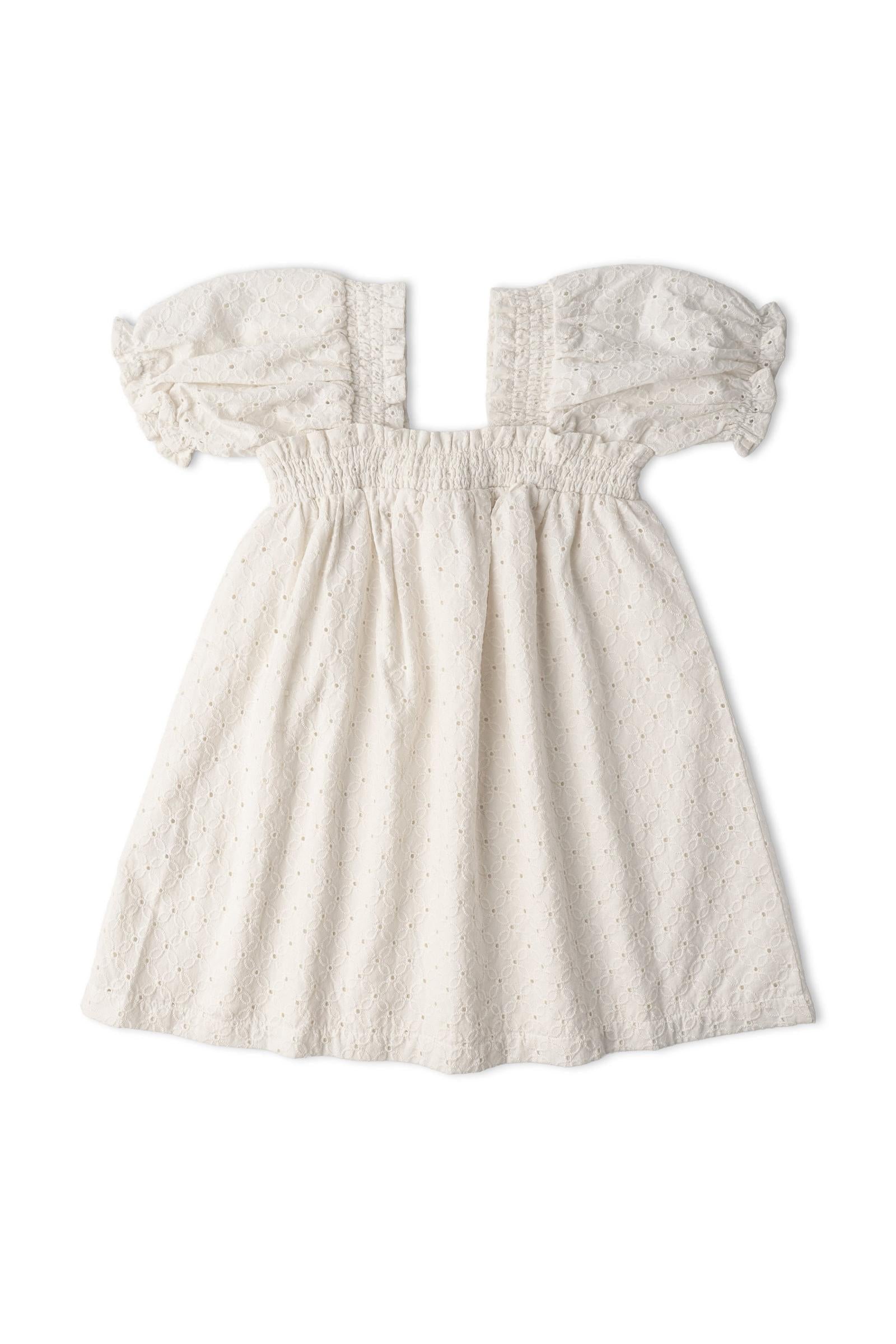 Organic Eyelet Bubble Sleeve Dress - Ivory Eyelet