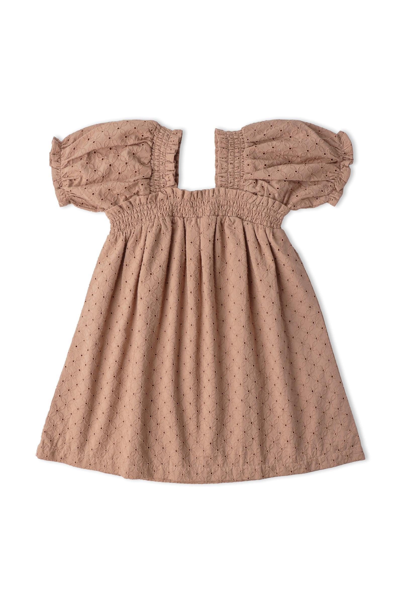 Organic Eyelet Bubble Sleeve Dress - Clay Eyelet