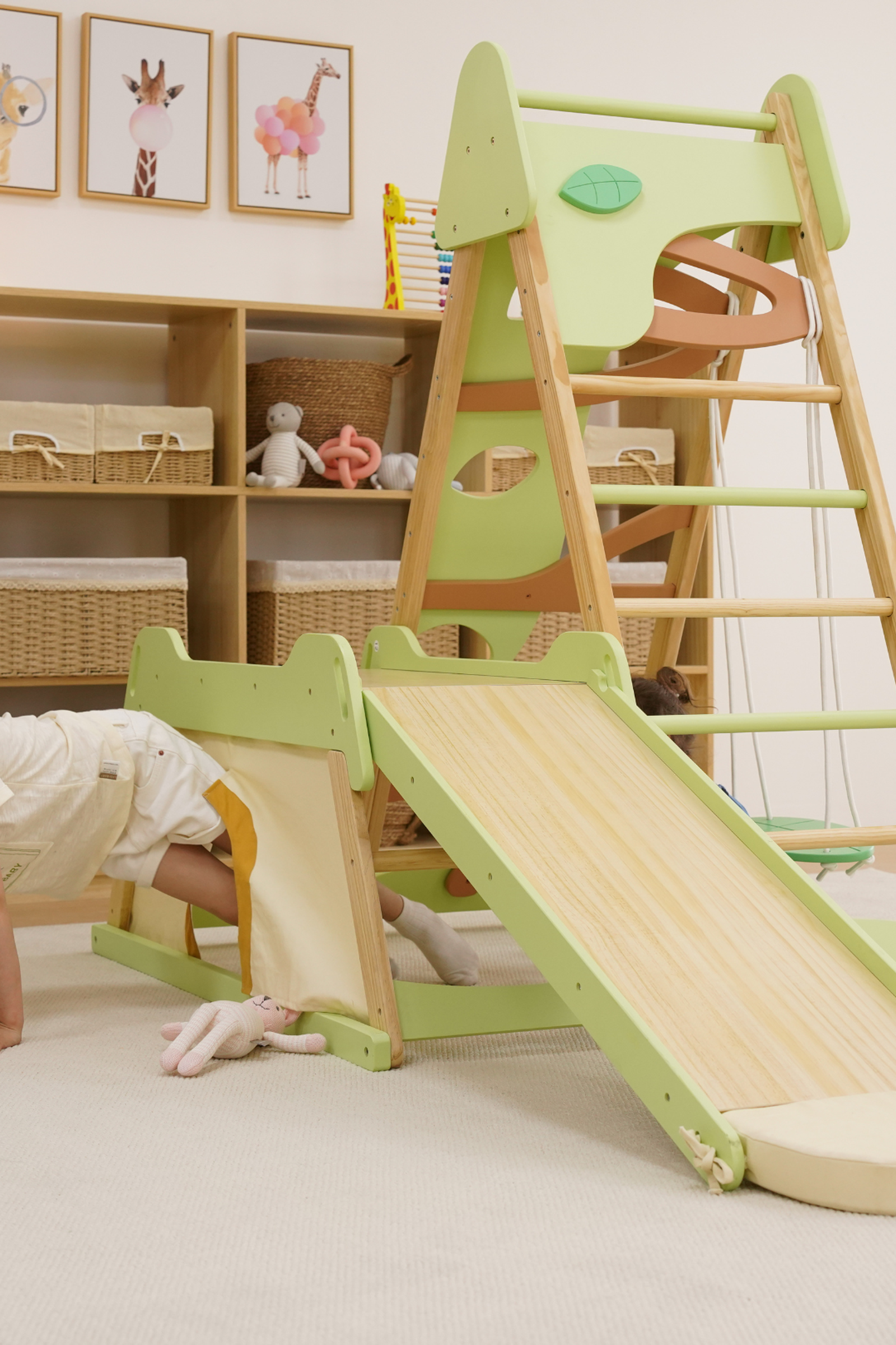 Bush 6 in 1 Wooden Jungle Gym Climber for Toddlers, Indoor Playset with Slide, Rock Wall, Ladder & Swing