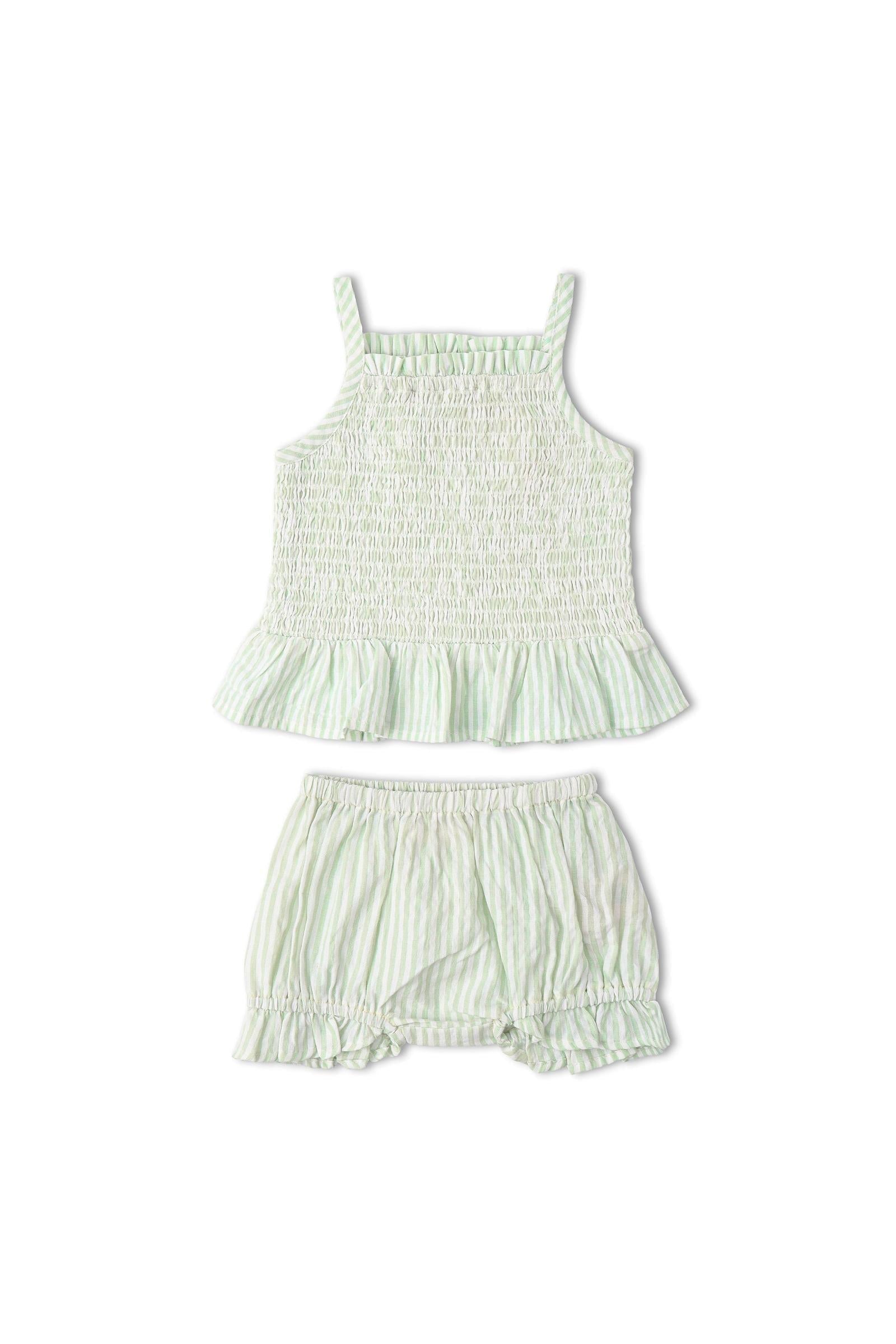Organic Smocked Top And Bloomer Set - Basil Stripes