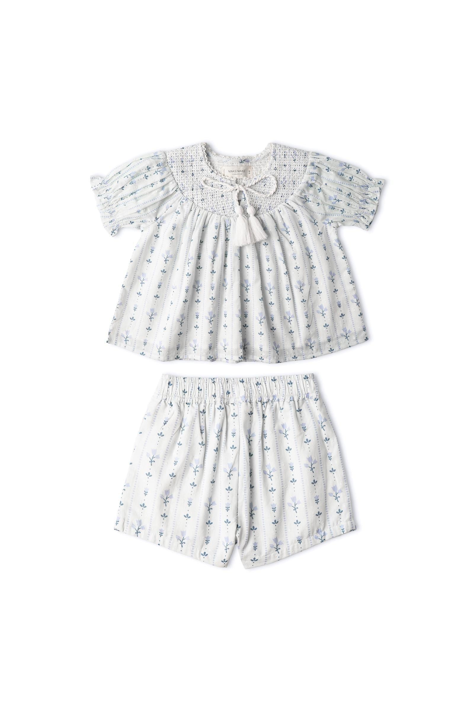 Organic Smocked Top & Shorts Set - Blue Vines