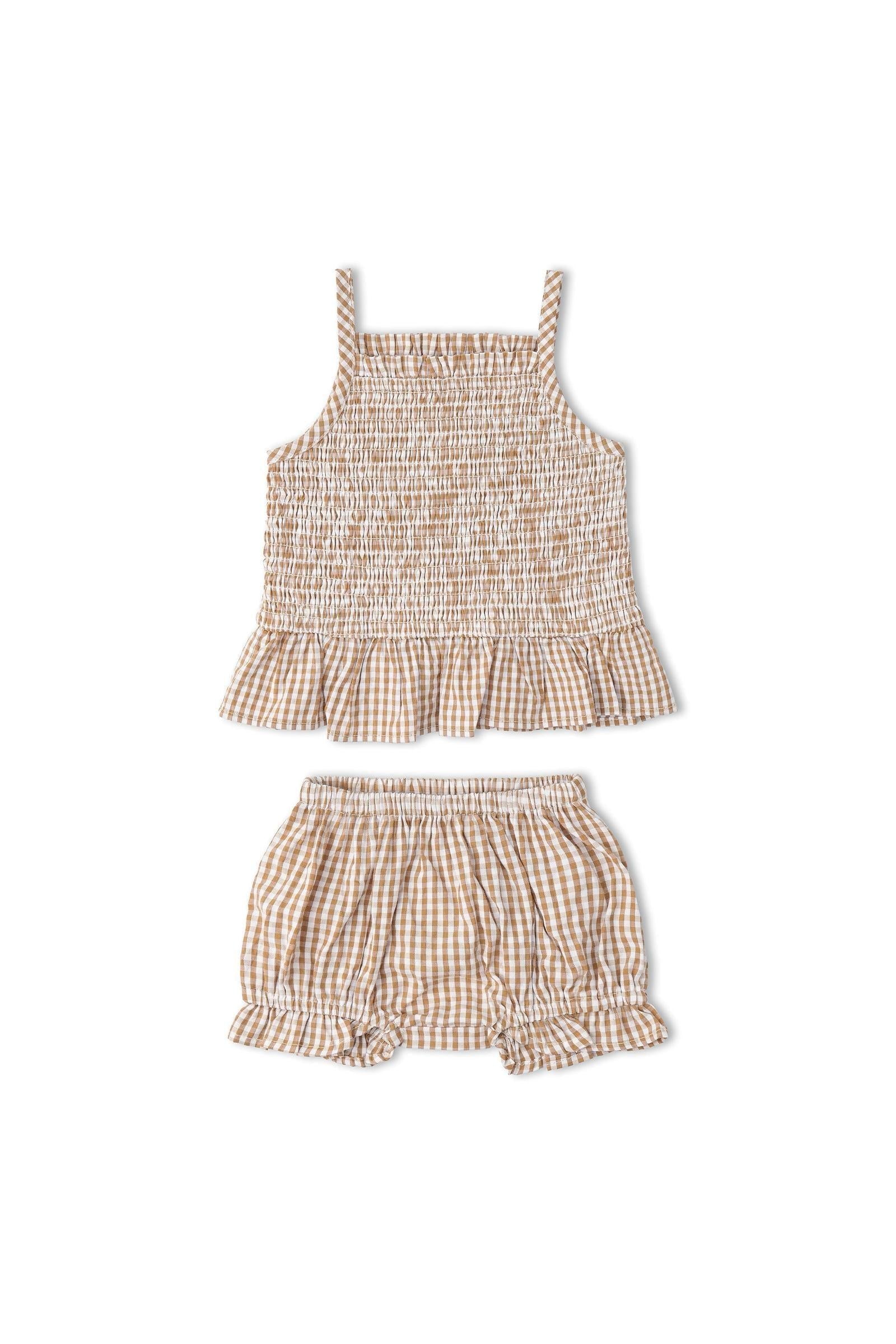 Organic Smocked Top And Bloomer Set - Caramel Check