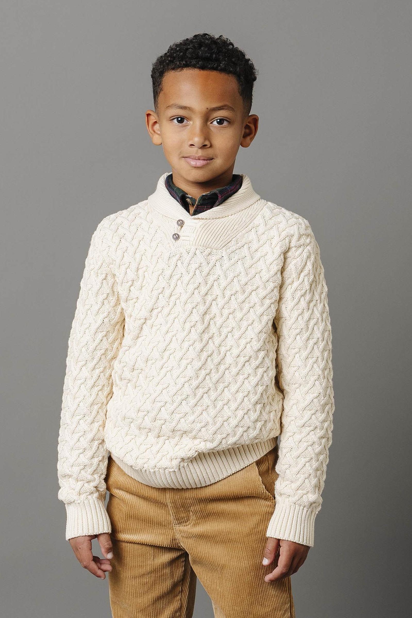 Shawl Collar Organic Cotton Cable Sweater for Boys, Ivory, Sizes 2T-12