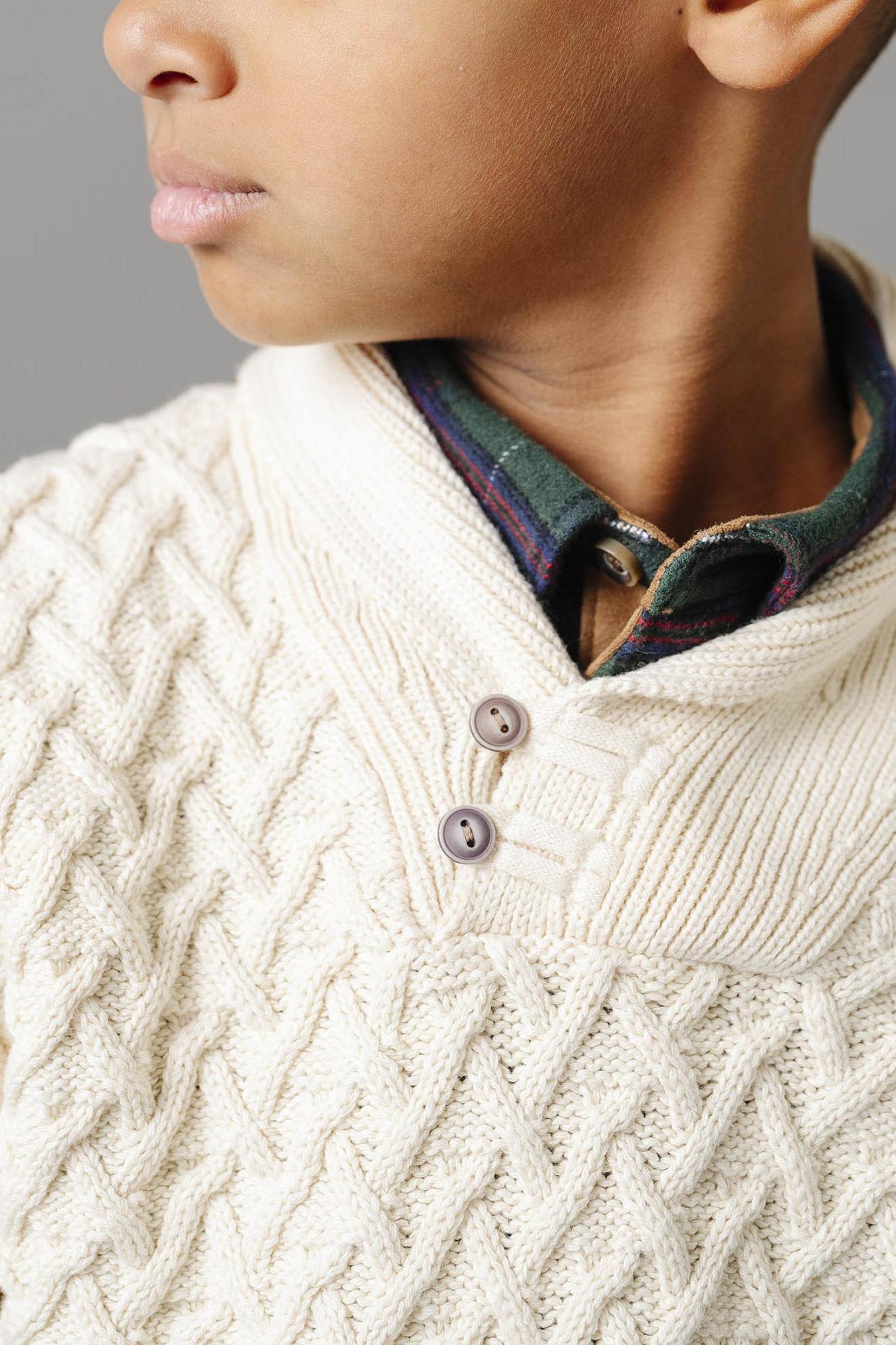 Shawl Collar Organic Cotton Cable Sweater for Boys, Ivory, Sizes 2T-12