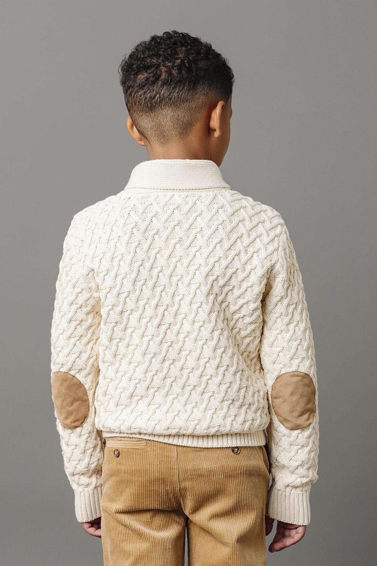 Shawl Collar Organic Cotton Cable Sweater for Boys, Ivory, Sizes 2T-12