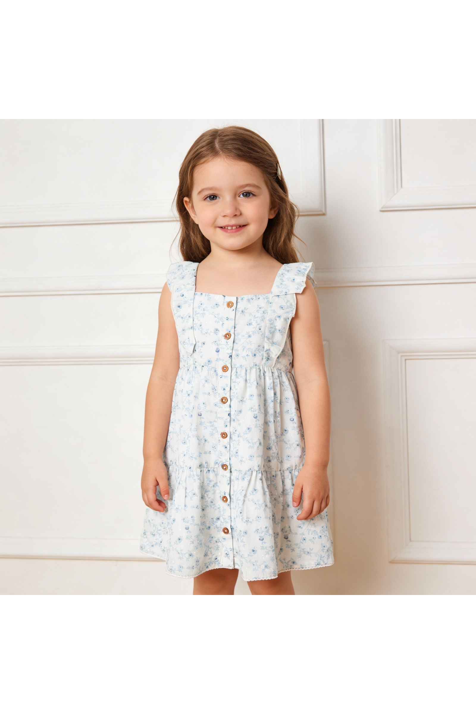 Organic Flutter Buttoned Tiered Dress - Ivy Floral