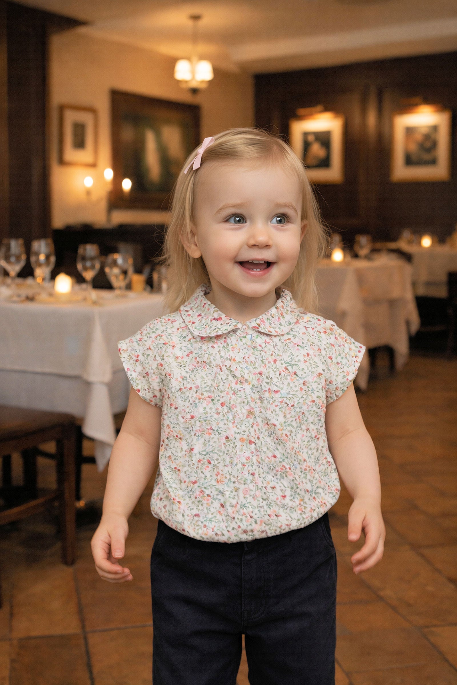Organic Cotton Ruffle Front Shirt with Puff Sleeves for Baby Girls, Ivory Fall Floral