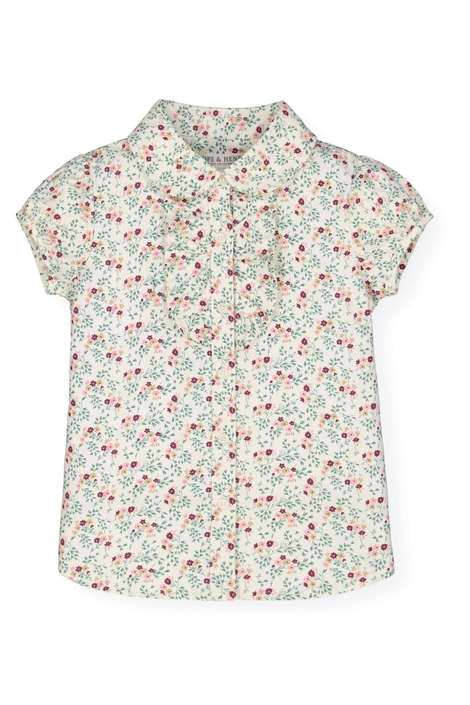 Organic Cotton Ruffle Front Shirt with Puff Sleeves for Baby Girls, Ivory Fall Floral
