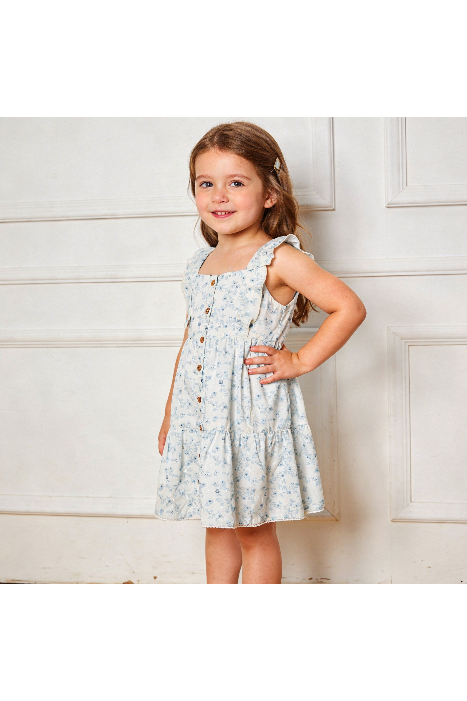 Organic Flutter Buttoned Tiered Dress - Ivy Floral