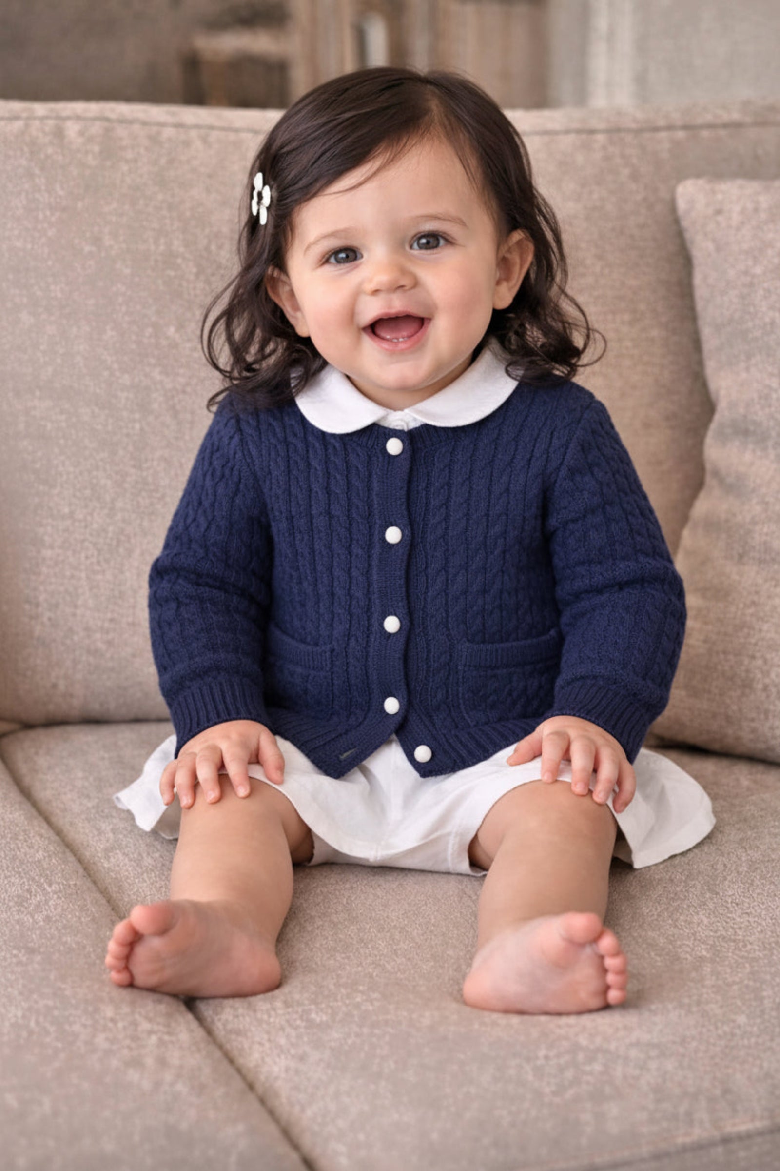 Classic Cable Organic Cotton Cardigan for Baby Girls, Navy, Baby