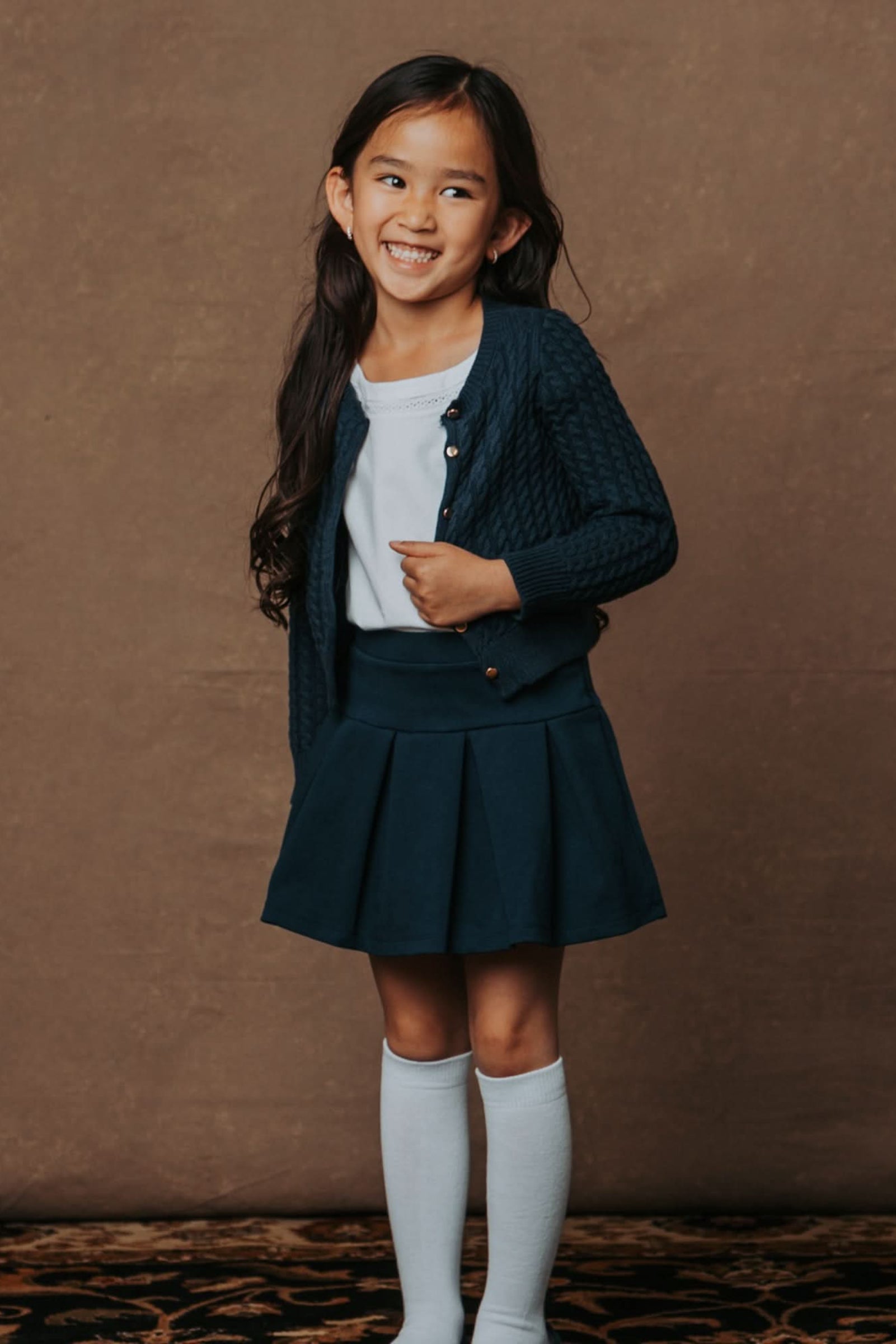 Classic Cable Organic Cotton Cardigan for Baby Girls, Navy, Baby