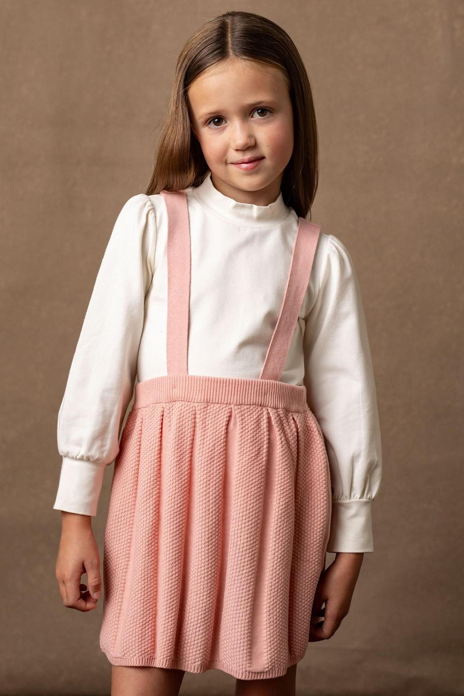 Girls Organic Cotton Overall Skirt, Pleated Knit Pinafore, Rose, Toddler & Kids