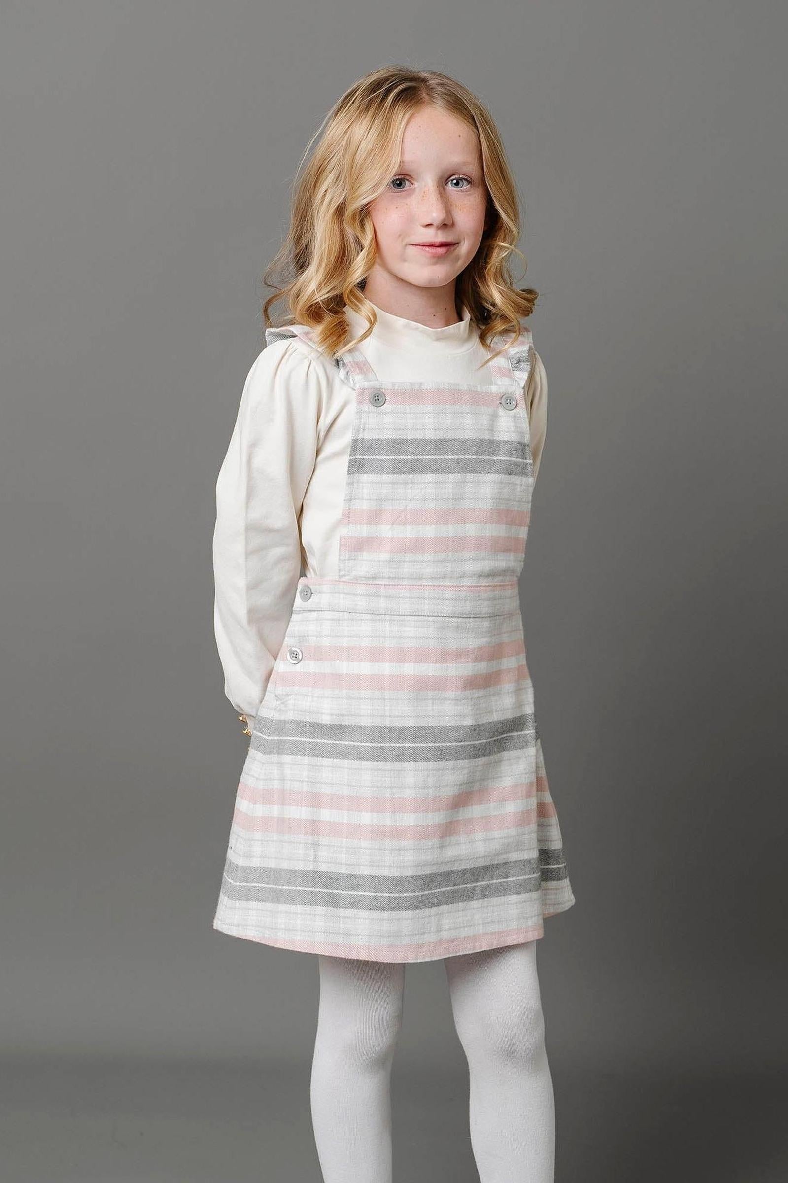 Organic Cotton Ruffle Strap Overall Skirt, Gray & Rose Plaid, Toddler & Kids