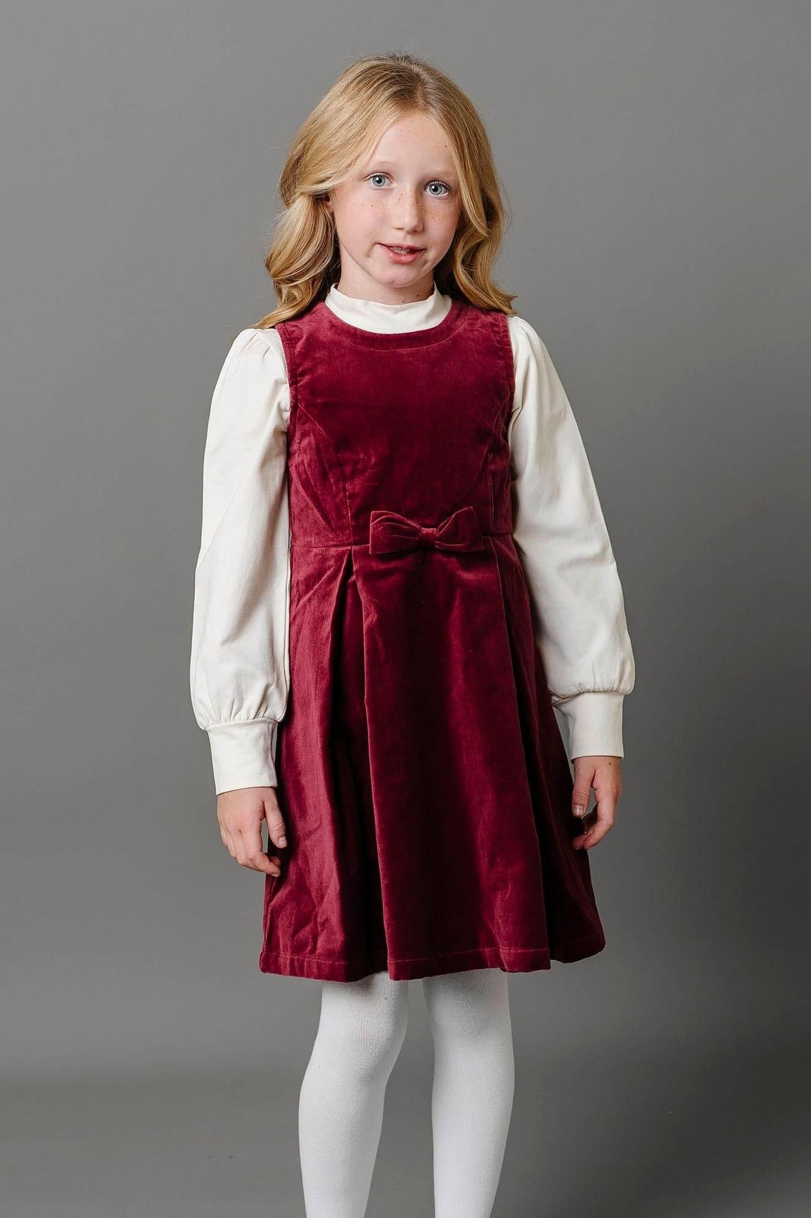 Cotton Bow Front Jumper Dress for Girls, Wine Red, Toddler & Kids