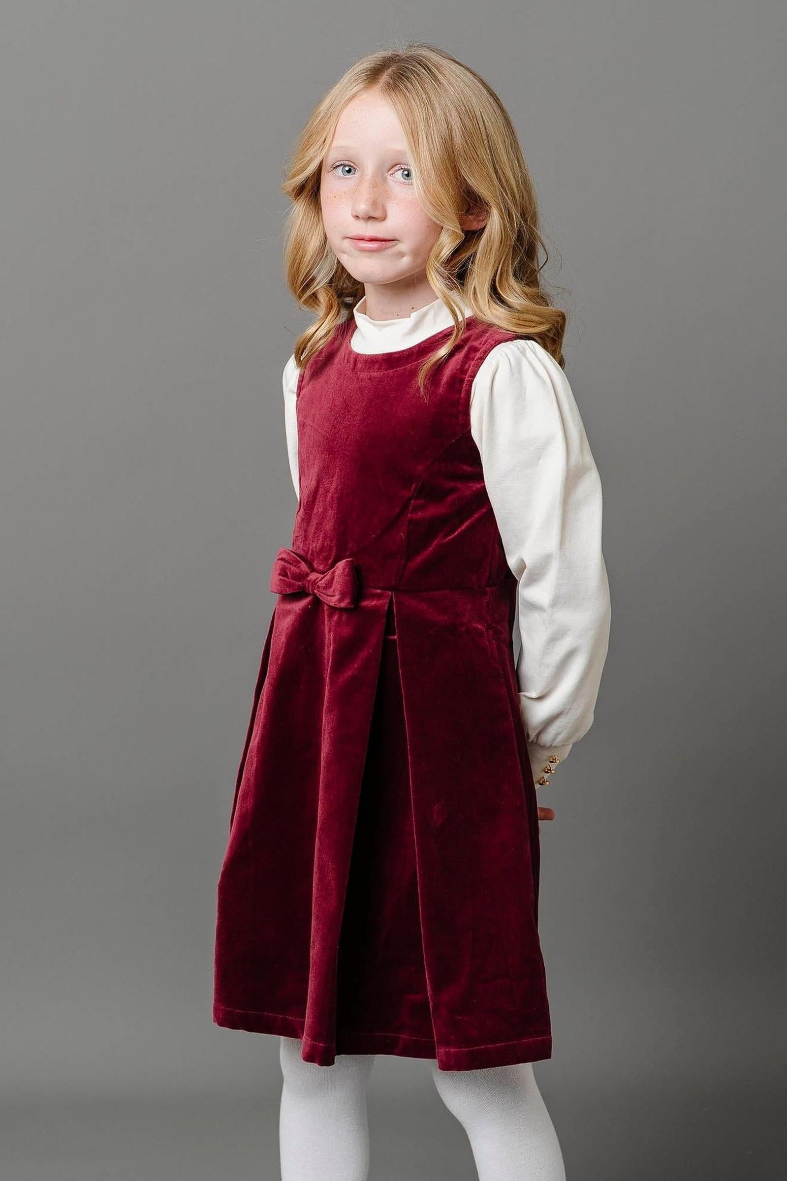 Cotton Bow Front Jumper Dress for Girls, Wine Red, Toddler & Kids
