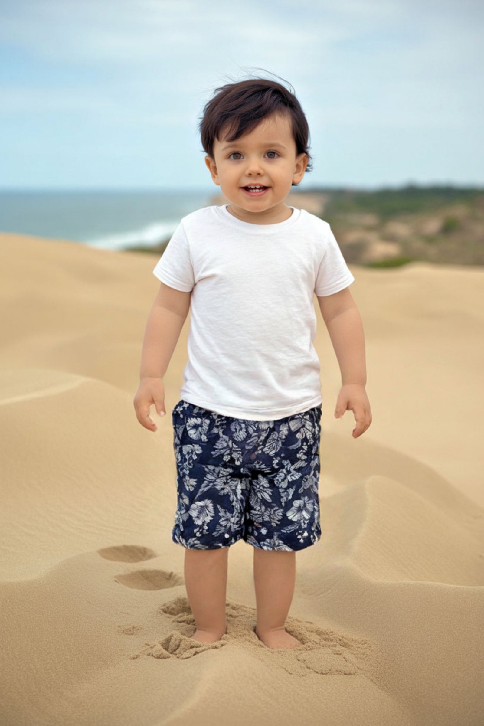 Relaxed Linen Pull-On Shorts for Baby Boys, Navy Hibiscus